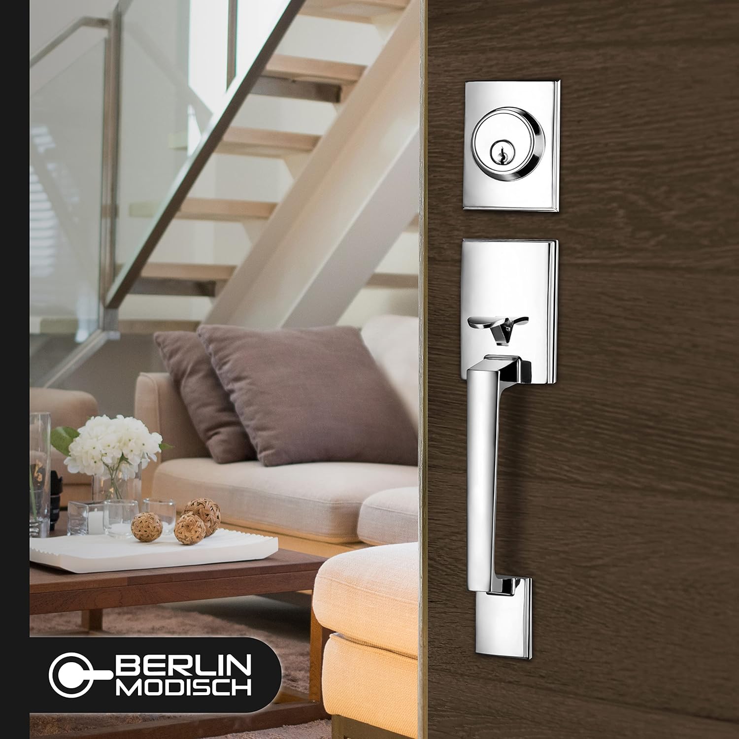 Berlin Modisch Single Cylinder HandleSet with Lever Door Handle (for Entrance and Front Door) Reversible for Right and Left Handed and a Single Cylinder deadbolt Handle Set Polished Chrome Finish