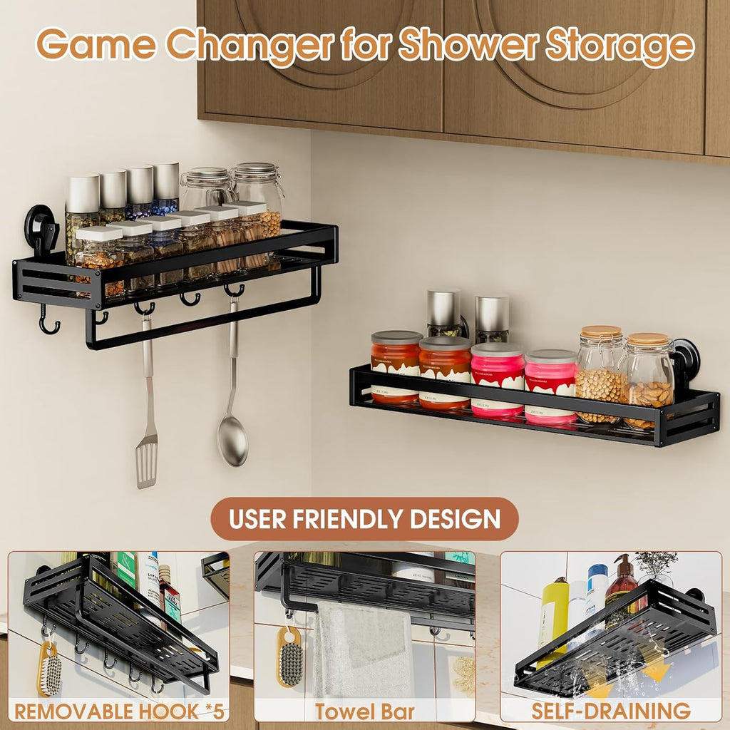 Shower Caddy Suction Cup, 15.8 inch Suction Shower Shelf with Hooks NO-Drilling Bathroom Holder, Rustproof Bathroom Organizer, Black