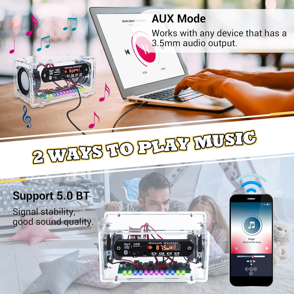 MiOYOOW DIY Bluetooth-Compatible Speaker Kit with FṂ Radio, Electronic Soldering Practice Kit USB Mini Home Sound Amplifier DIY Kit with Digital Display and Colorful LED Lights for School STEM Project