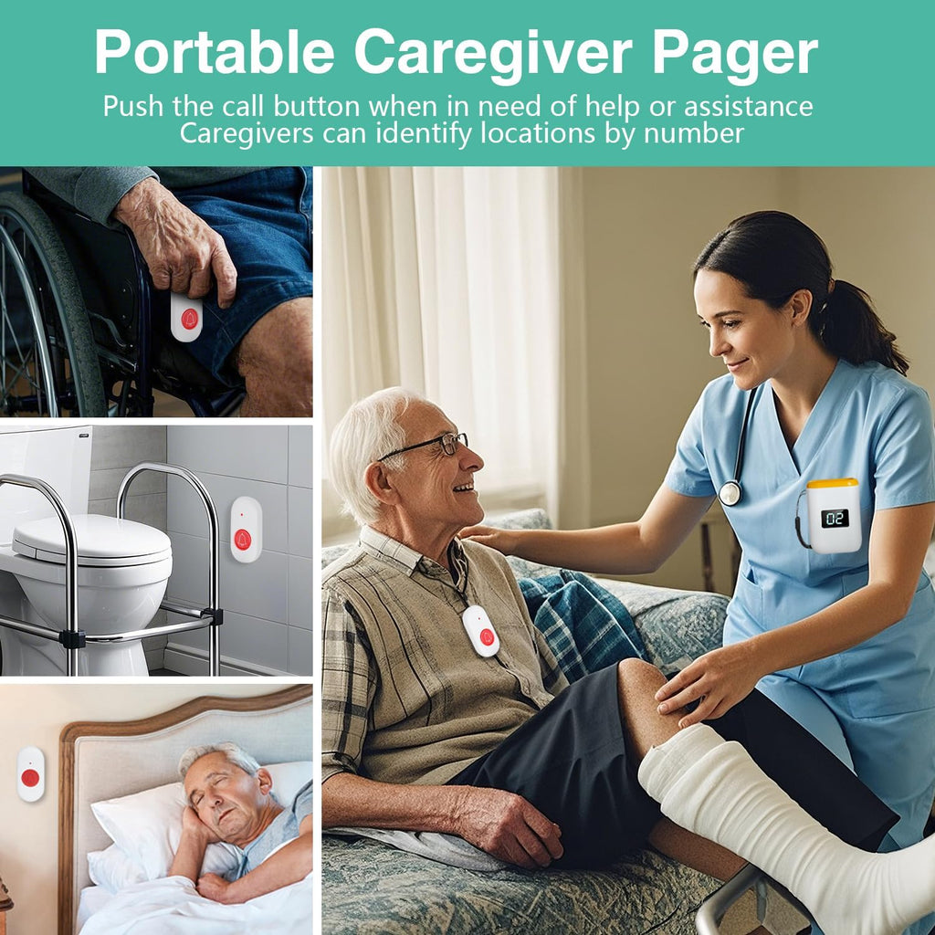Caregiver Pager Wireless Call Button for Elderly Monitoring Vibration Call Bell Medical Alert System with Digital Display for Elderly/Patient/Disabled at Home/Hospital/Clinic