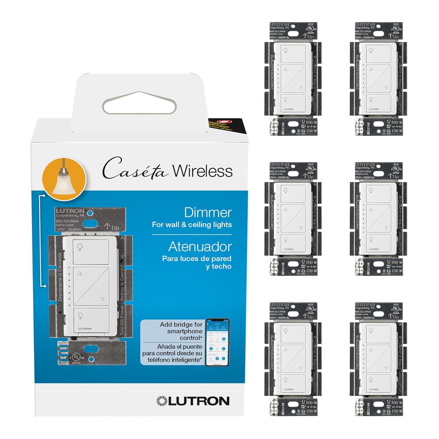 Lutron Caseta Original Smart Dimmer Switch (Lutron Smart Hub Required), for LED Lights, 150 Watt, Single-Pole/3-Way, No Neutral Required, PD-6WCL-WH, White, 6 Pack