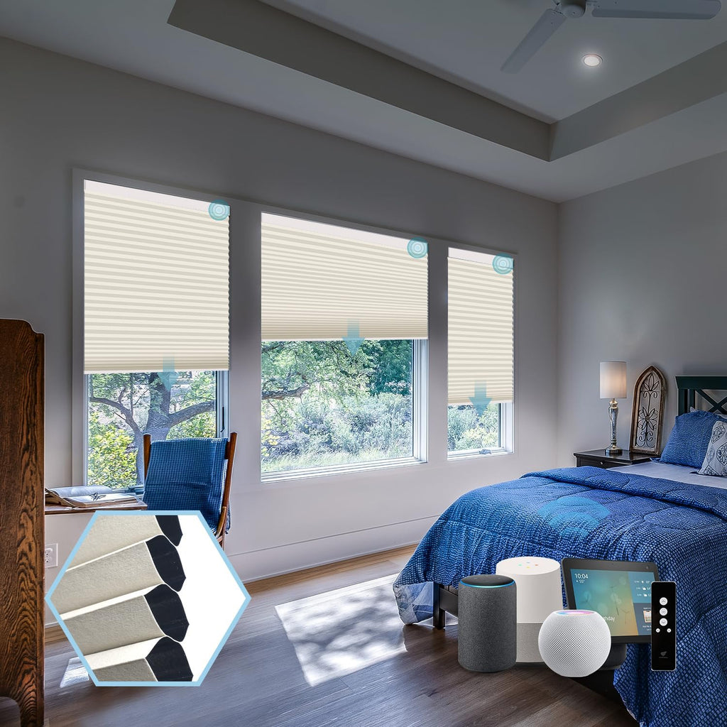 SmartWings Motorized Cellular Shades with Remote, Customized Electric Cordles Honeycomb Blinds Compatible with Alexa/Homekit/Google for Windows, 100% Blackout Single Cell Cream