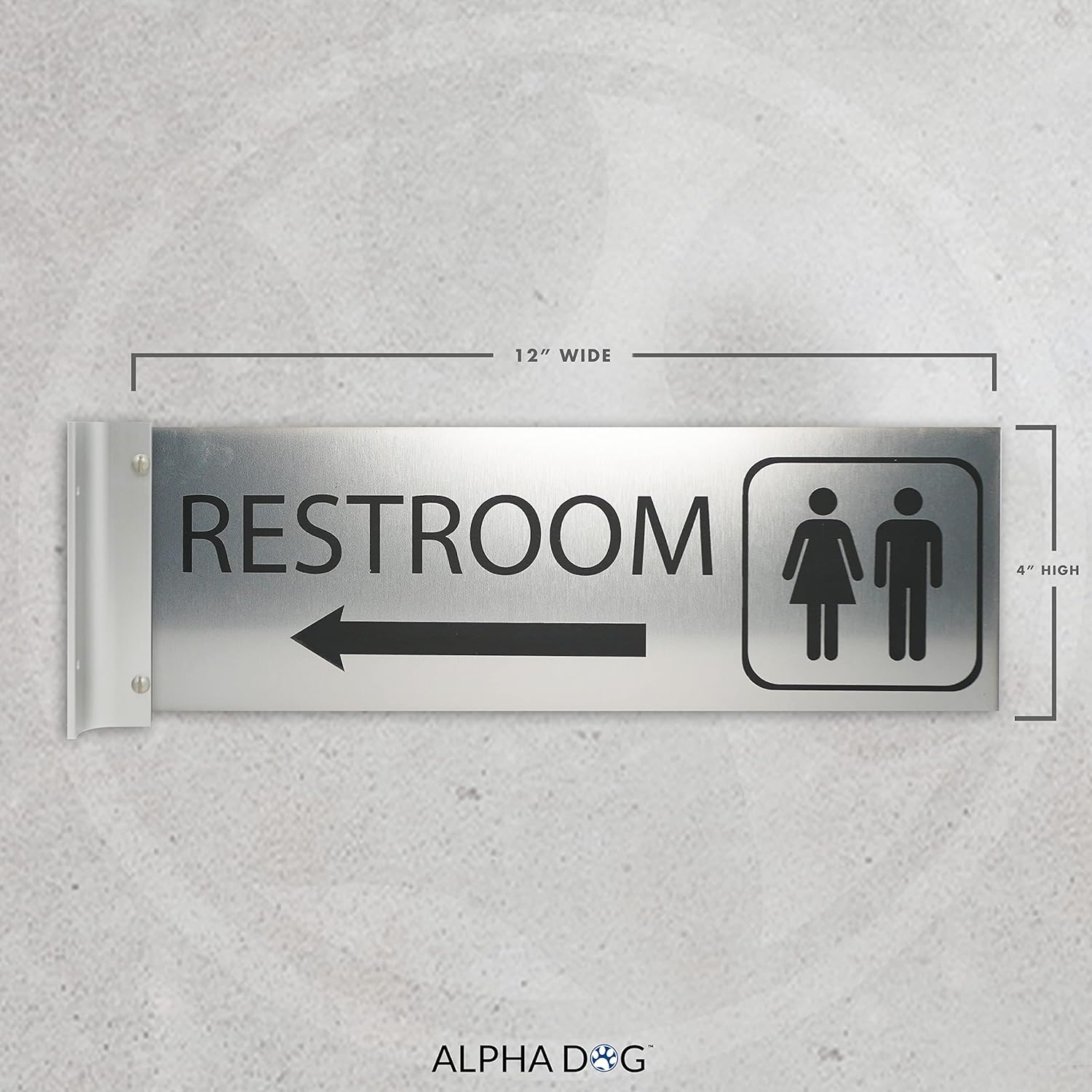 ALPHA DOG SIGNS Corridor Projecting Hallway Bathroom Sign, Left Arrow, 4"x12" Double Sided, Indoor/Outdoor, Easy Install, Durable Business Wayfinding Plaque, USA-Made (Brushed Stainless)