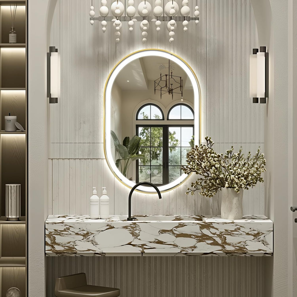 Niccy Oval LED Mirror for Bathroom, 40x24 Front Lit + Backlit Vanity Mirrors with Light Anti-Fog, Shatter-Proof, 3 Colors, Makeup Mirror with Old Gold Frame (Horizontal/Vertical)