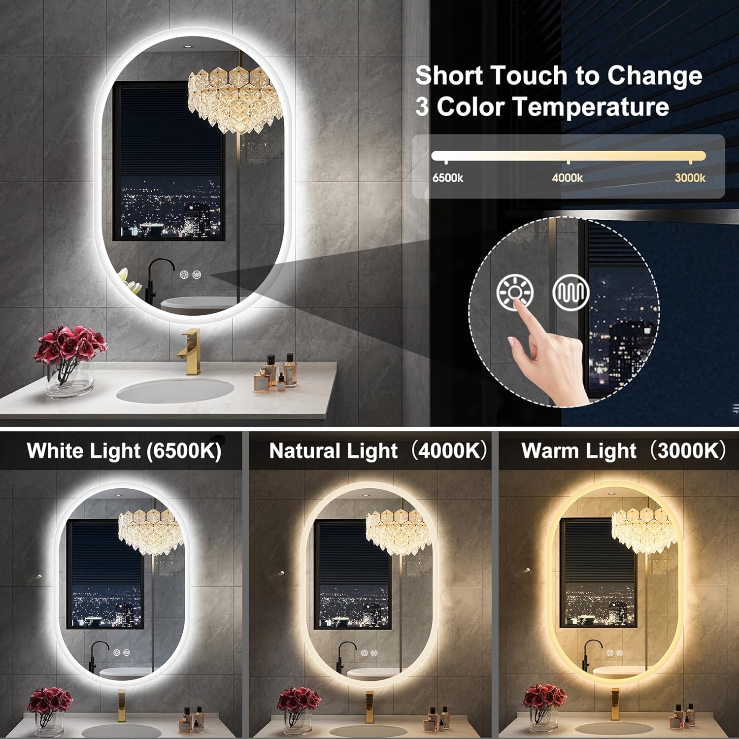 S'bagno 24x36 Inch Oval LED Mirror for Bathroom with Front and Backlight, Anti-Fog, 3 Colors Temperature & Dimmable, Bathroom Mirror with Lights with Memory Function, Waterproof, Shatter-Proof