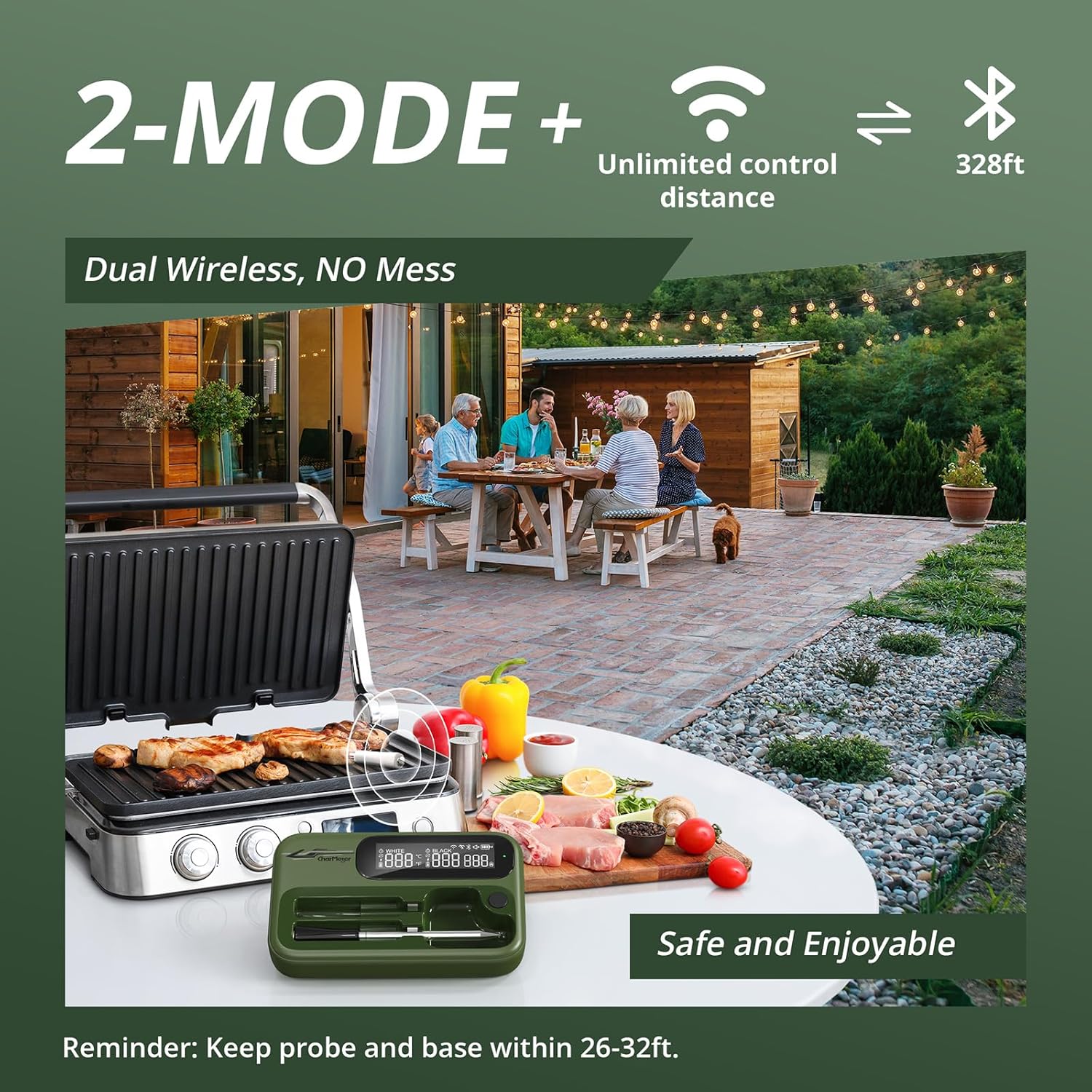 Wireless WiFi Meat Thermometer Digital, Versatile Unlimited Remote Range,Smart Bluetooth Cooking Thermometer with 2 Size BBQ Probes, Flexible Alarm APP LCD Screen for Grill, Air Fryer, Smoker and Oven