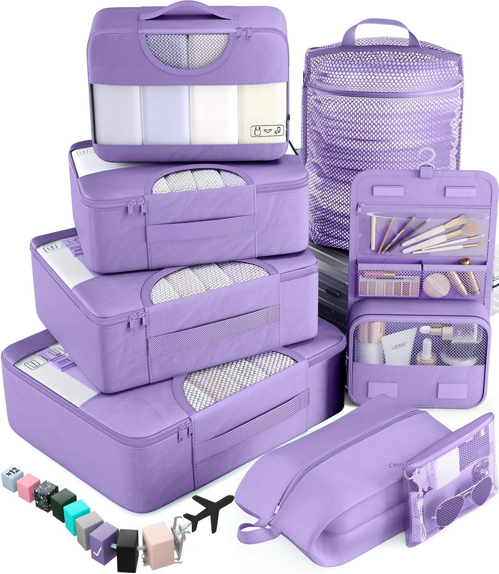 Veken 8 Set Packing Cubes for Travel Essentials, Suitcase Organizer Bags in 4 Sizes, Carry-On Luggage Accessories with Large Laundry & Hanging Toiletry Bag, Must-Have for Airplane, Road Trip & Camping