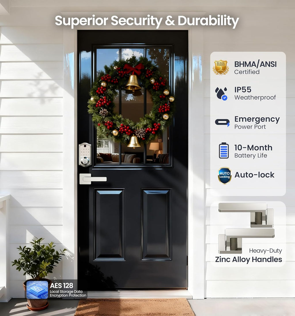 Veise VE017-B Fingerprint Smart Lock for Front Door, App Control, 7-in-1 Keyless Entry Deadbolt with 2 Zinc Alloy Lever Handles Set, Emergency Power Port, Auto Lock, Electronic Keypad, Satin Nickel