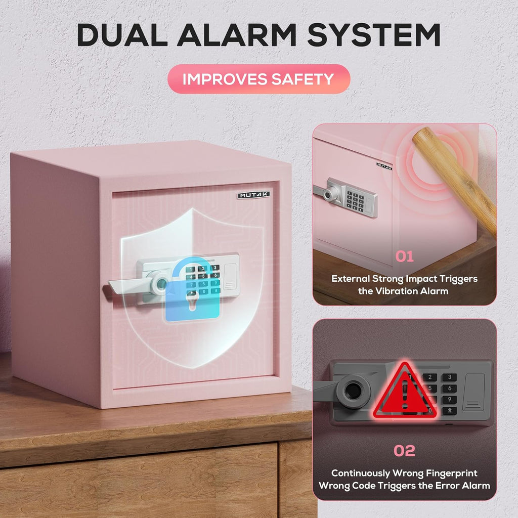 1.5 Cub Biometric Safe Box with Fireproof Bag, Quick-Access Fingerprint with Keys, Digital Keyboard, Type-C Port, Dual Alarm System Safety Box for Home, Office, Hotel Use(Pink)