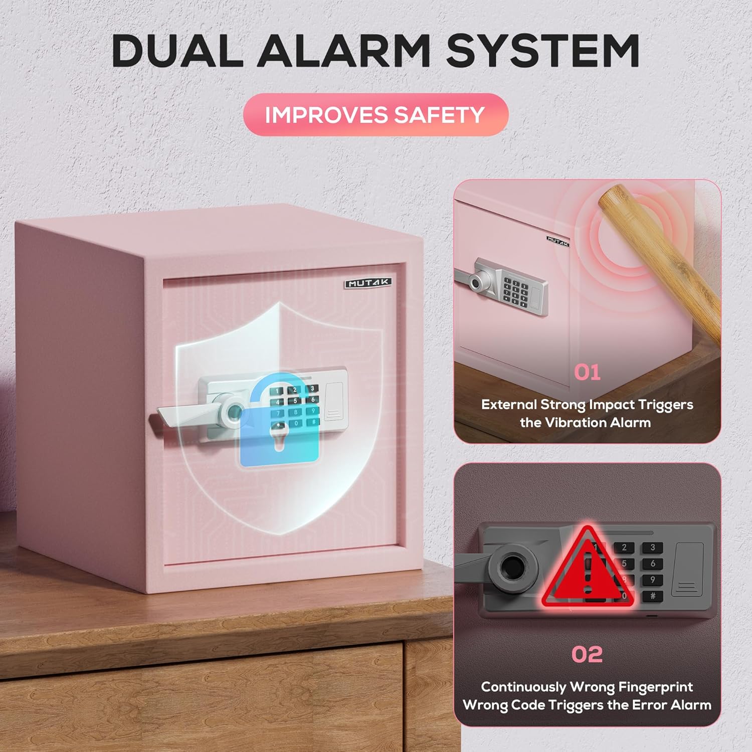 1.5 Cub Biometric Safe Box with Fireproof Bag, Quick-Access Fingerprint with Keys, Digital Keyboard, Type-C Port, Dual Alarm System Safety Box for Home, Office, Hotel Use(Pink)
