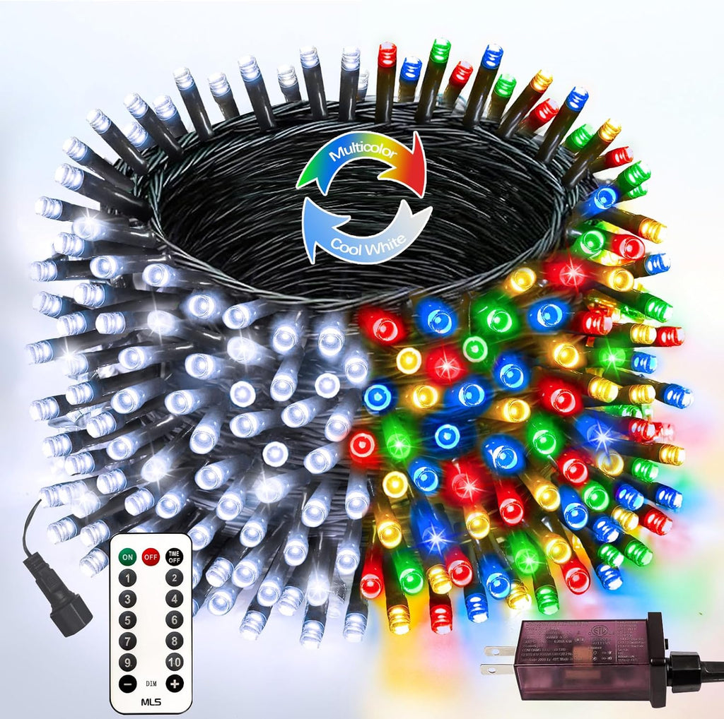 75.8 FT 200 LED Color Changing Christmas String Lights with Remote & Timer & Memory Function, 9 Lighting Modes Waterproof Twinkle Lights for Xmas Tree Holiday Party Garden (Cool White & Multicolor)