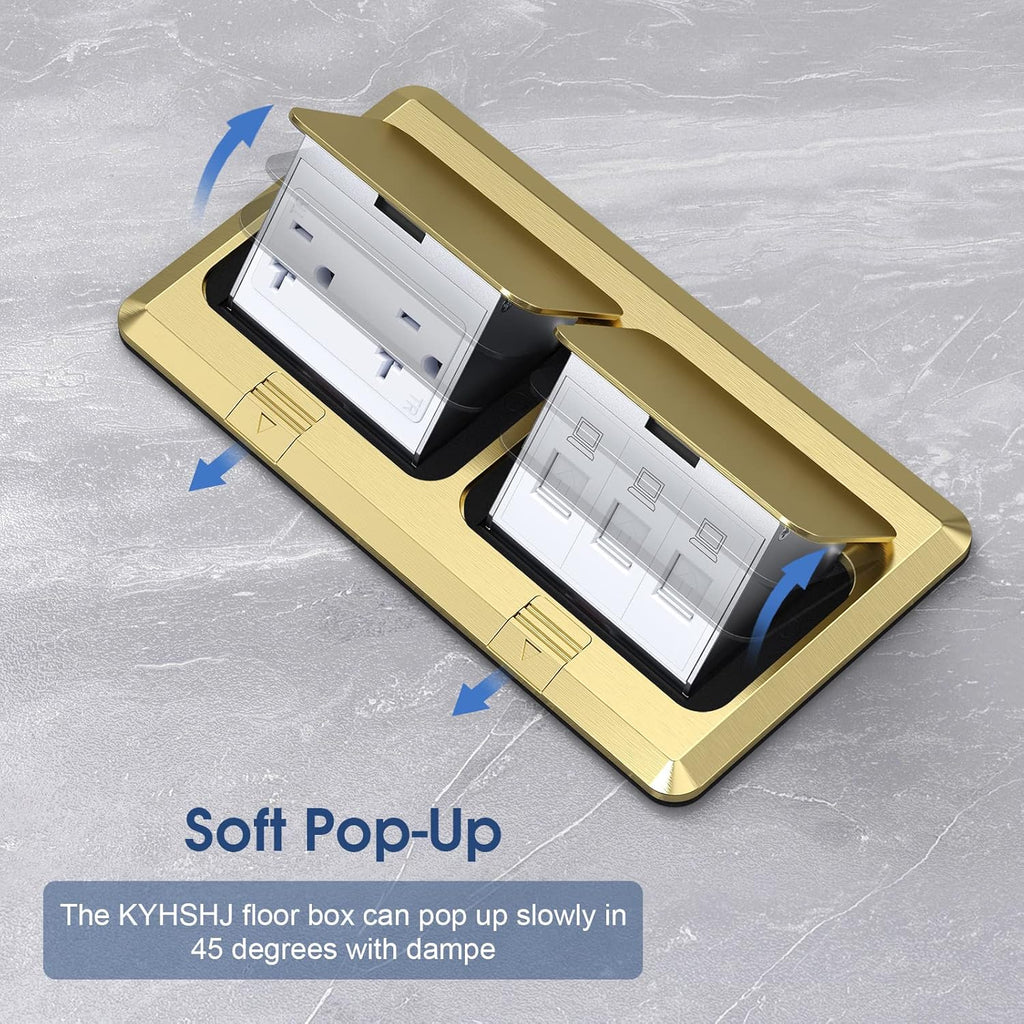 KYHSHJ Dual Pop-Up Floor Electrical Outlet Box Kit，20 Amp Stainless Steel TR Tamper-Resistant Duplex Receptacle Outlet，3-Port RJ45 Datacom Receptacle，ETL Listed, Brass