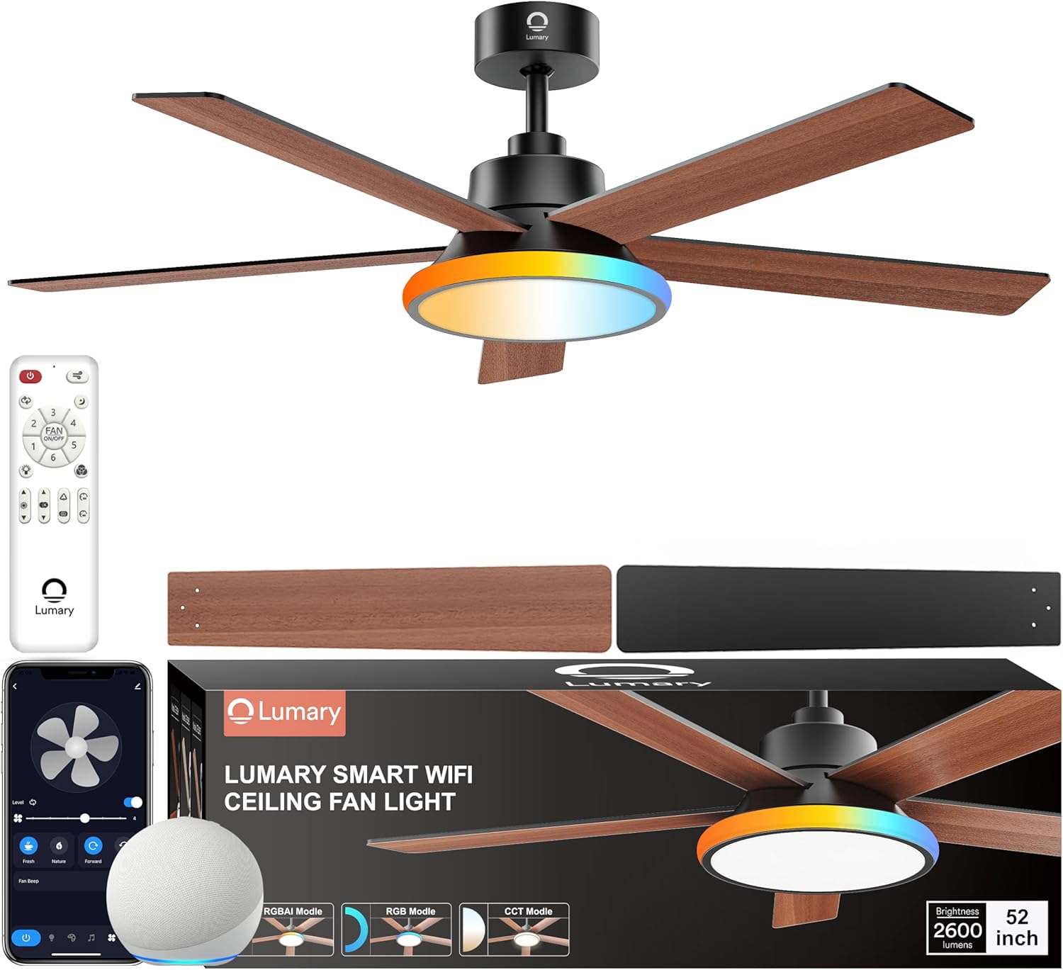 Lumary 52'' Smart Ceiling Fan with RGBAI Lights Remote, WiFi Bluetooth Low Profile Ceiling Fan with Alexa Google App, Dimmable & Color Tuning, 46 Scene, Modern Flush Mount for Bedroom Living Room