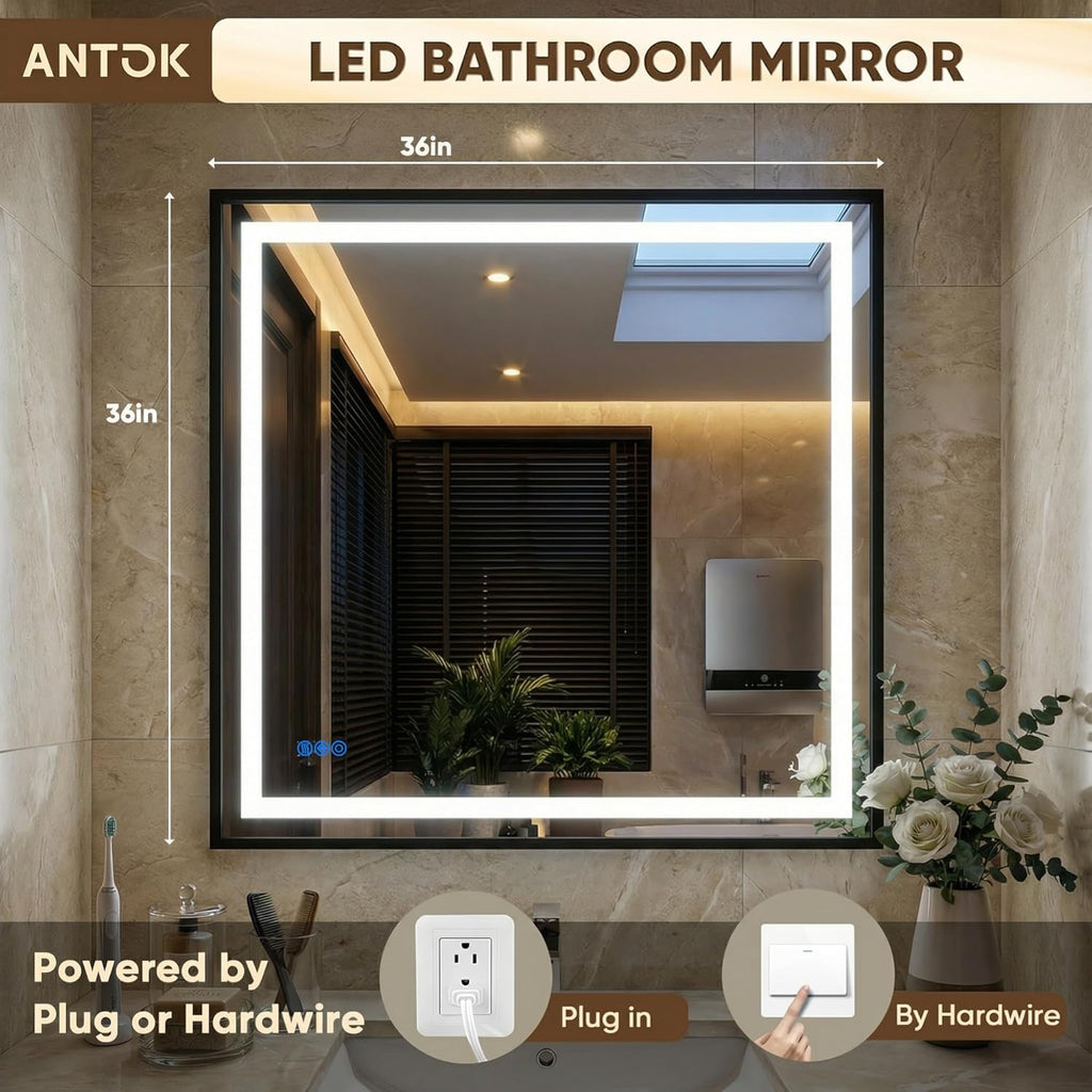 Antok 36X36 LED Bathroom Mirror with Lights, Vanity Mirror for Wall with Black Frame, Touch Control, Anti-Fog, Dimmable Lights, Shatter-Proof, Memory Function, Wall-Mounted Vanity Mirrors