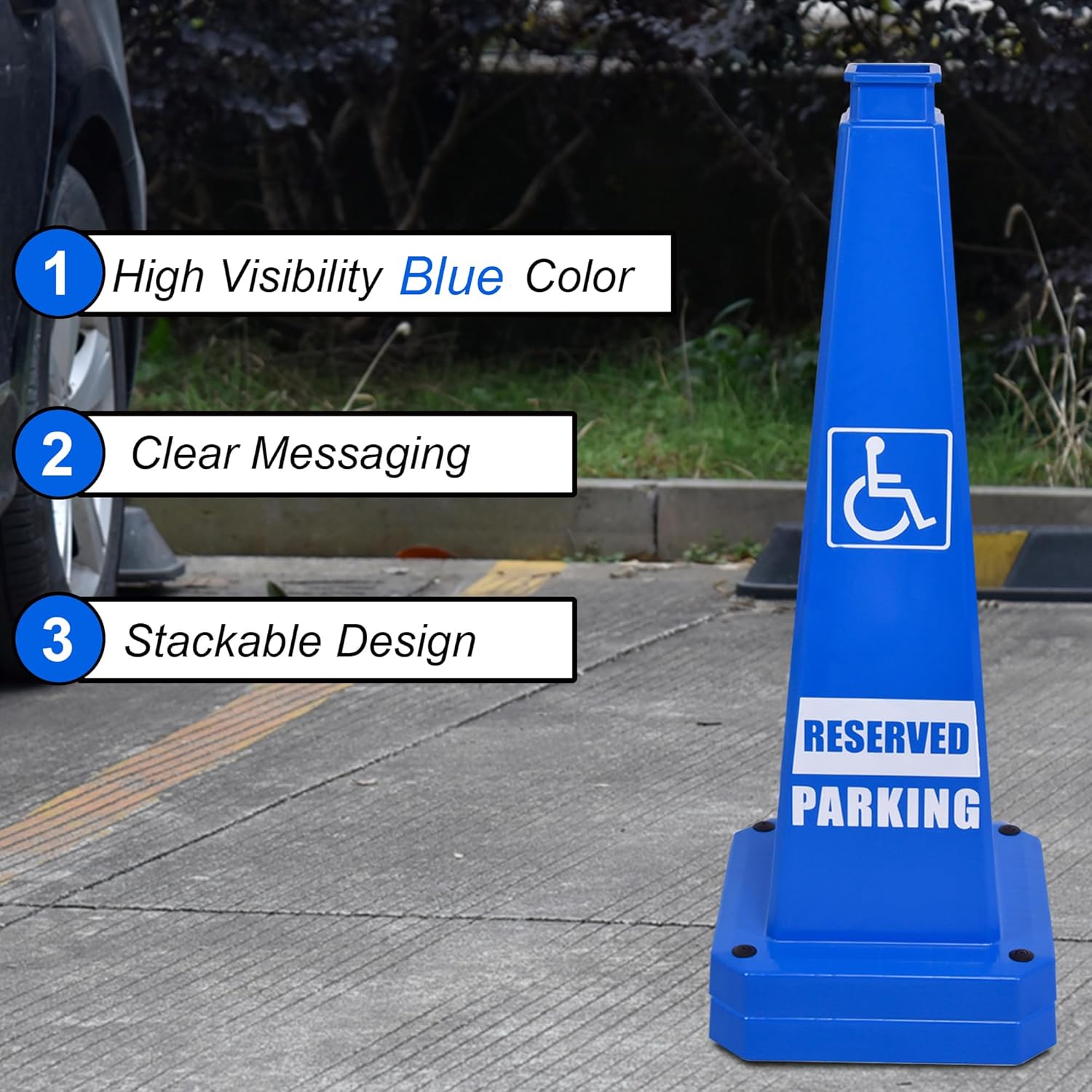 OrangeStar 3-Pack 28" Reserved Parking Cones, Large 4-Sided Message Safety Traffic Cones with Heavy Rubber Base for Indoor Outdoor Use, Parking Lot Control, Driveway Barriers, Blue