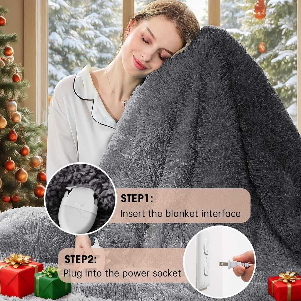 Heated Electric Blanket Throw–Faux Fur with Soft Thick Sherpa,Warm Winter Birthday Gifts for Women Grandma，10 Heat Settings,5 Time Settings with Fast Heating, 50x60, Foggy Dusk