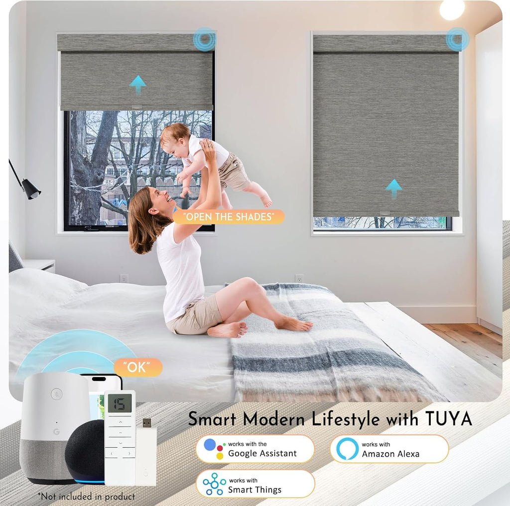 Persilux Smart Motorized Blinds with Remote, No Drill Automatic Roller Shades for Indoor Windows, Blackout Linen Fabric, Electric Blinds for Windows, Weave Blend Smoke C162BO-7, Custom Size