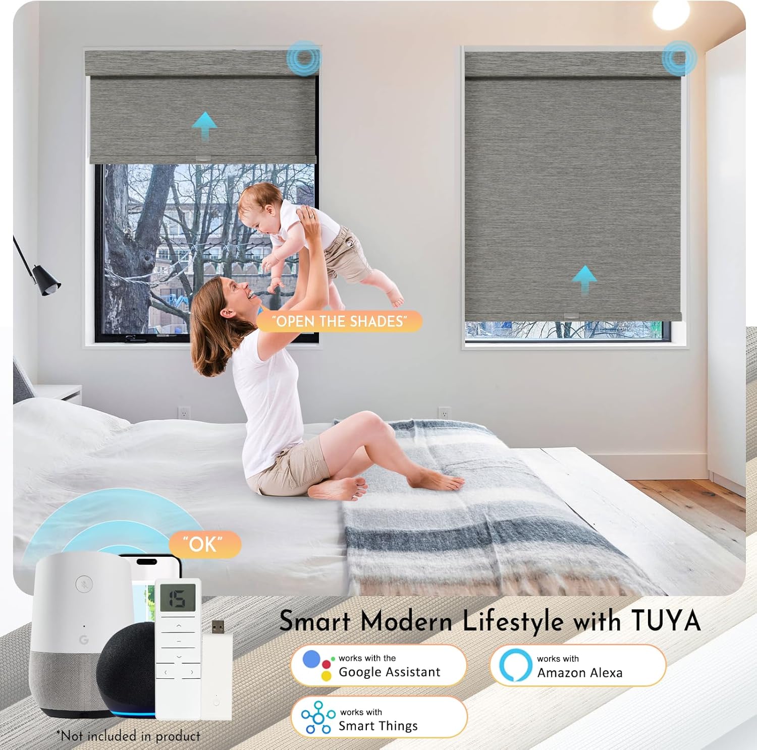 Persilux Smart Motorized Blinds with Remote, No Drill Automatic Roller Shades for Indoor Windows, Blackout Linen Fabric, Electric Blinds for Windows, Weave Blend Smoke C162BO-7, Custom Size