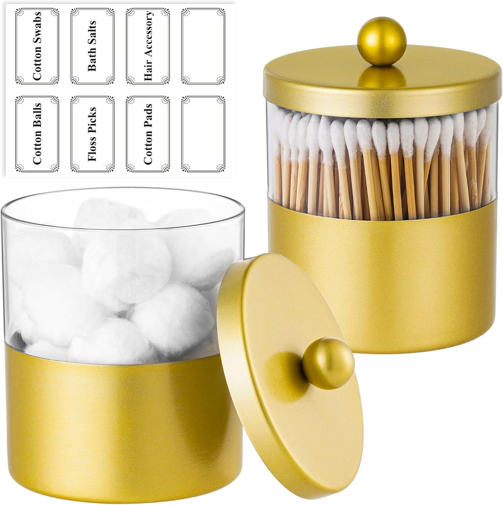 Gaussra Gold Qtip Holder, Apothecary Jars - Stainless Steel Bathroom Jar with Stickers - Farmhouse Decor Qtip Dispenser for Qtips, Cotton Balls, Swabs, Makeup Sponges (2-Pack)