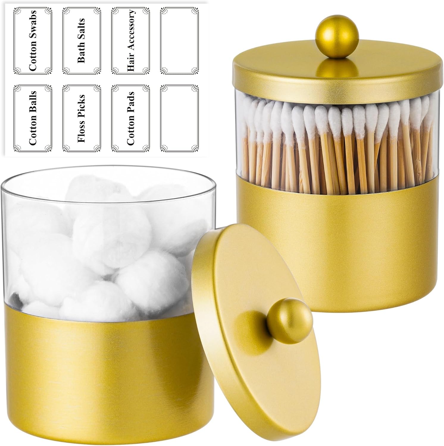 Gaussra Gold Qtip Holder, Apothecary Jars - Stainless Steel Bathroom Jar with Stickers - Farmhouse Decor Qtip Dispenser for Qtips, Cotton Balls, Swabs, Makeup Sponges (2-Pack)