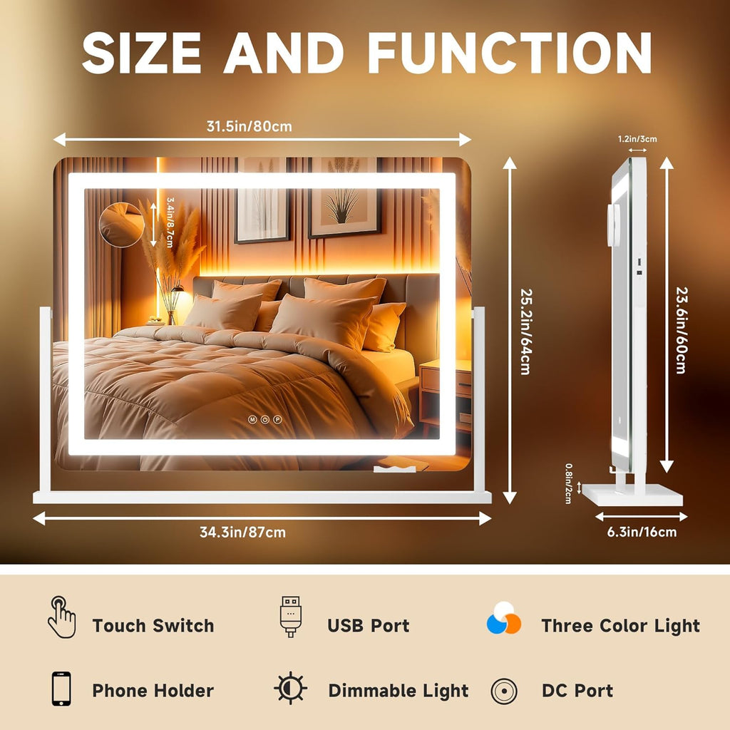 Hasipu Vanity Mirror with Lights, 34.3" x 25.2" LED Makeup Mirror, Light up Mirror with 10X Magnification and Phone Holder, USB Charging Port, Smart Touch 3 Colors Dimmable (White)