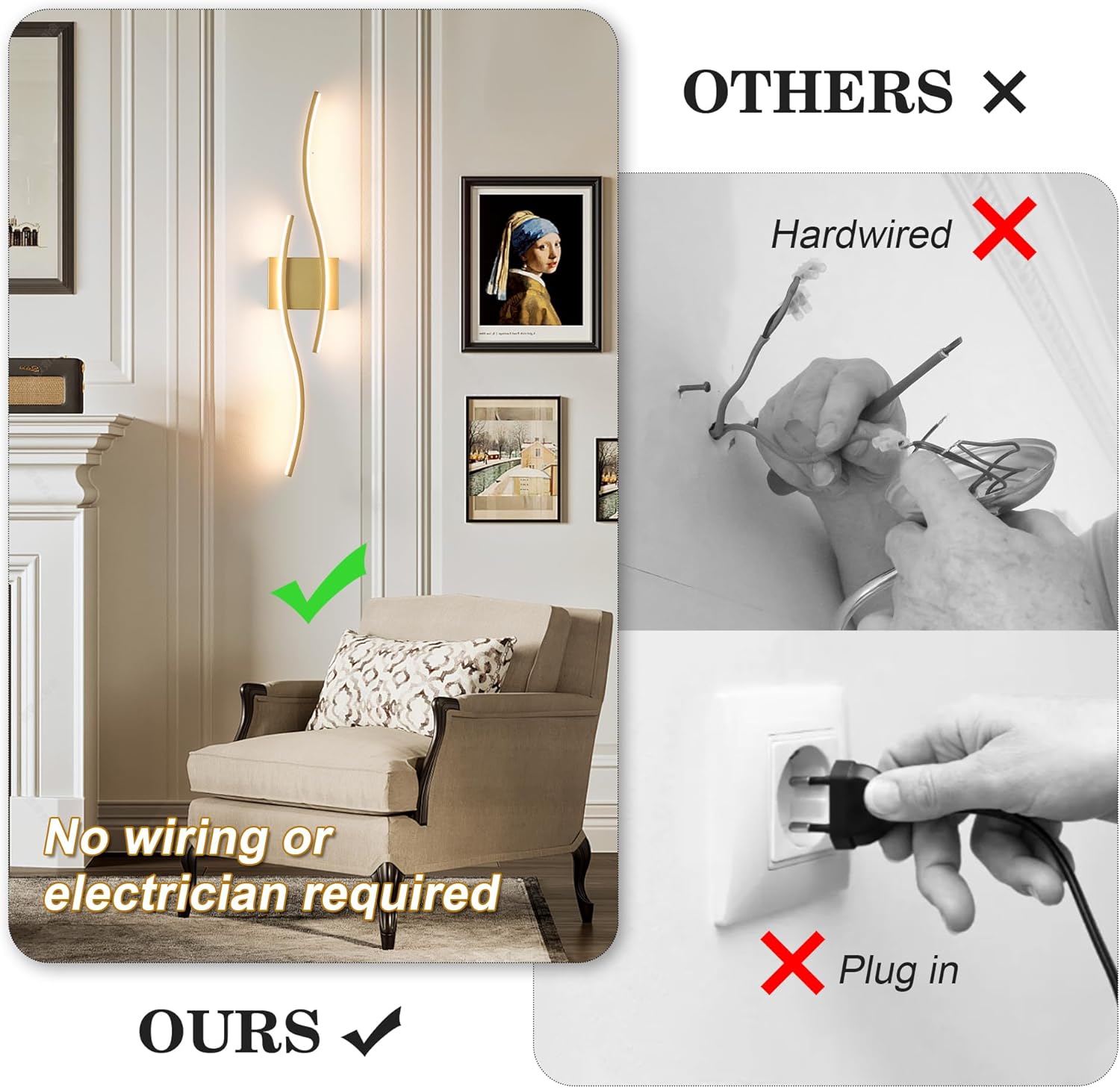 Battery Operated Wall Sconces Set of Two with Remote Control, Dimmable/3 Colors/Night-Light/Timer/Memory, Gold Modern Wireless LED Sconce for Living Room, Hallway, Bedroom, 31.4 Inch (2 Pack)