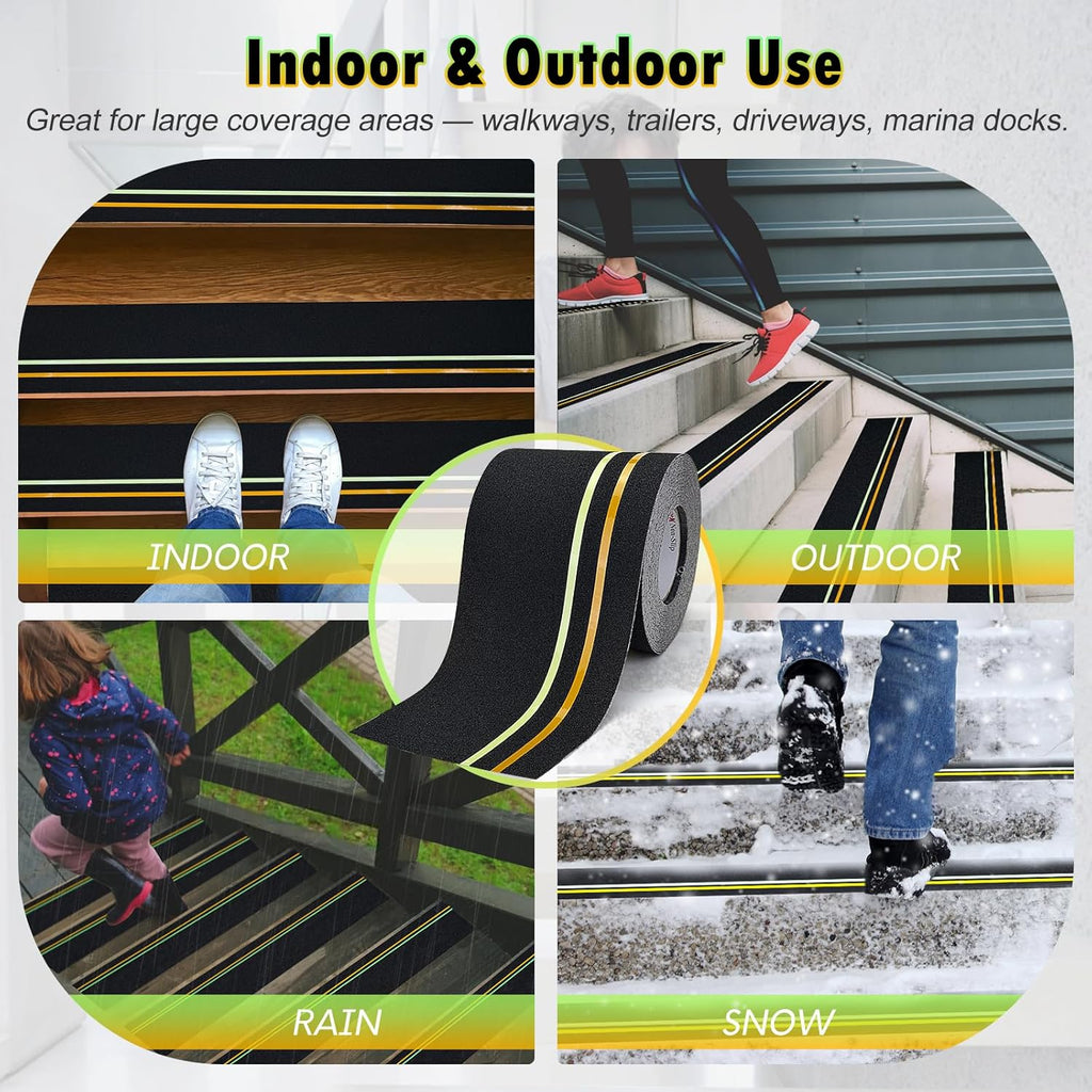 S&X Heavy Duty Anti Slip Tape 6 Inch x 60 Ft, High Traction Non Skid Grip Tape with Reflective & Glow-in-The-Dark Strips, Outdoor Stair Treads Non-Slip for Steps Ramps Boats Decks Long-Lasting