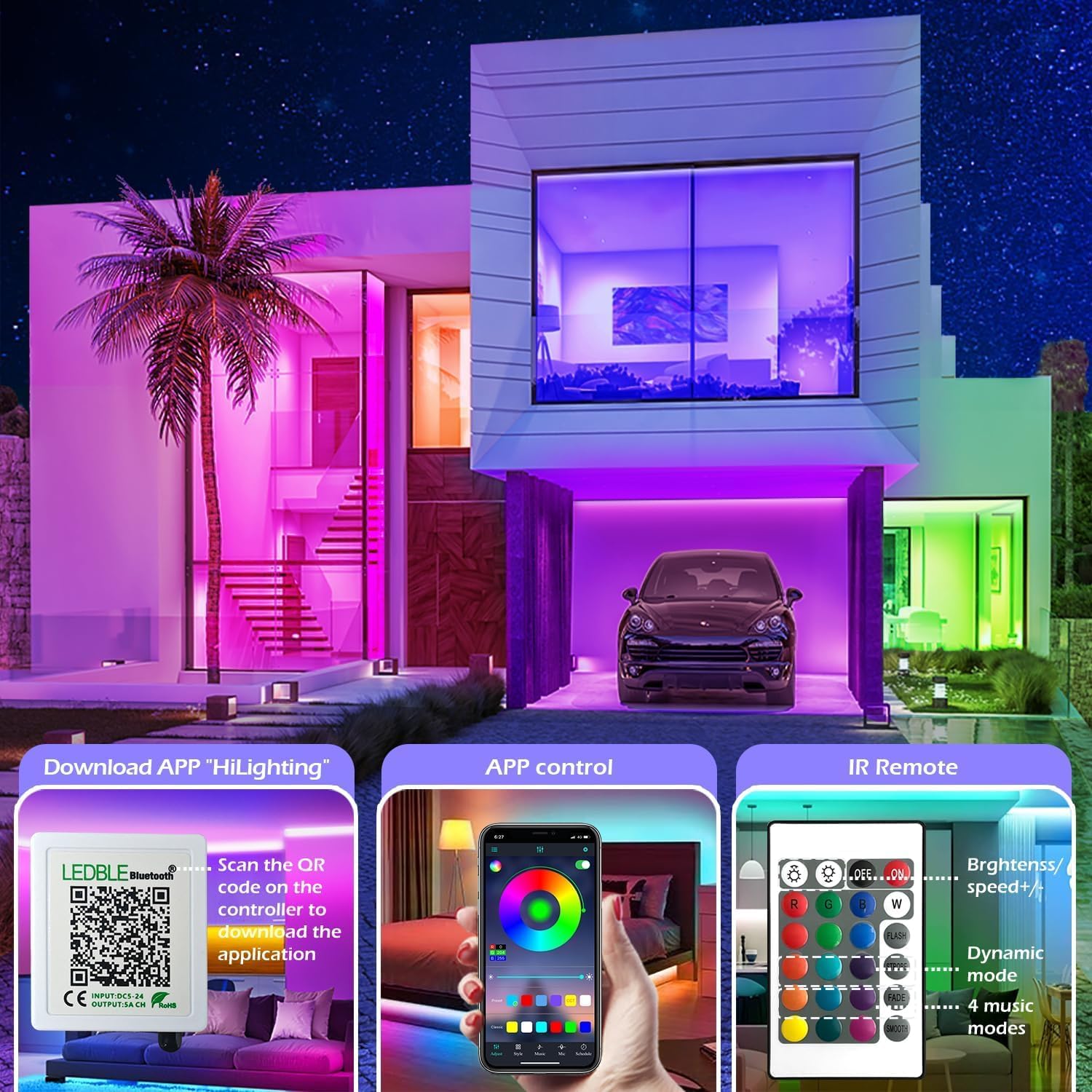 20FT Led Strip Lights,Long Smart Led Light Strips Music Sync 5050 RGB Color Changing Rope Lights,Bluetooth APP/IR Remote/Switch Box Control Led Lights for Bedroom,Home Decoration,Party,Festival