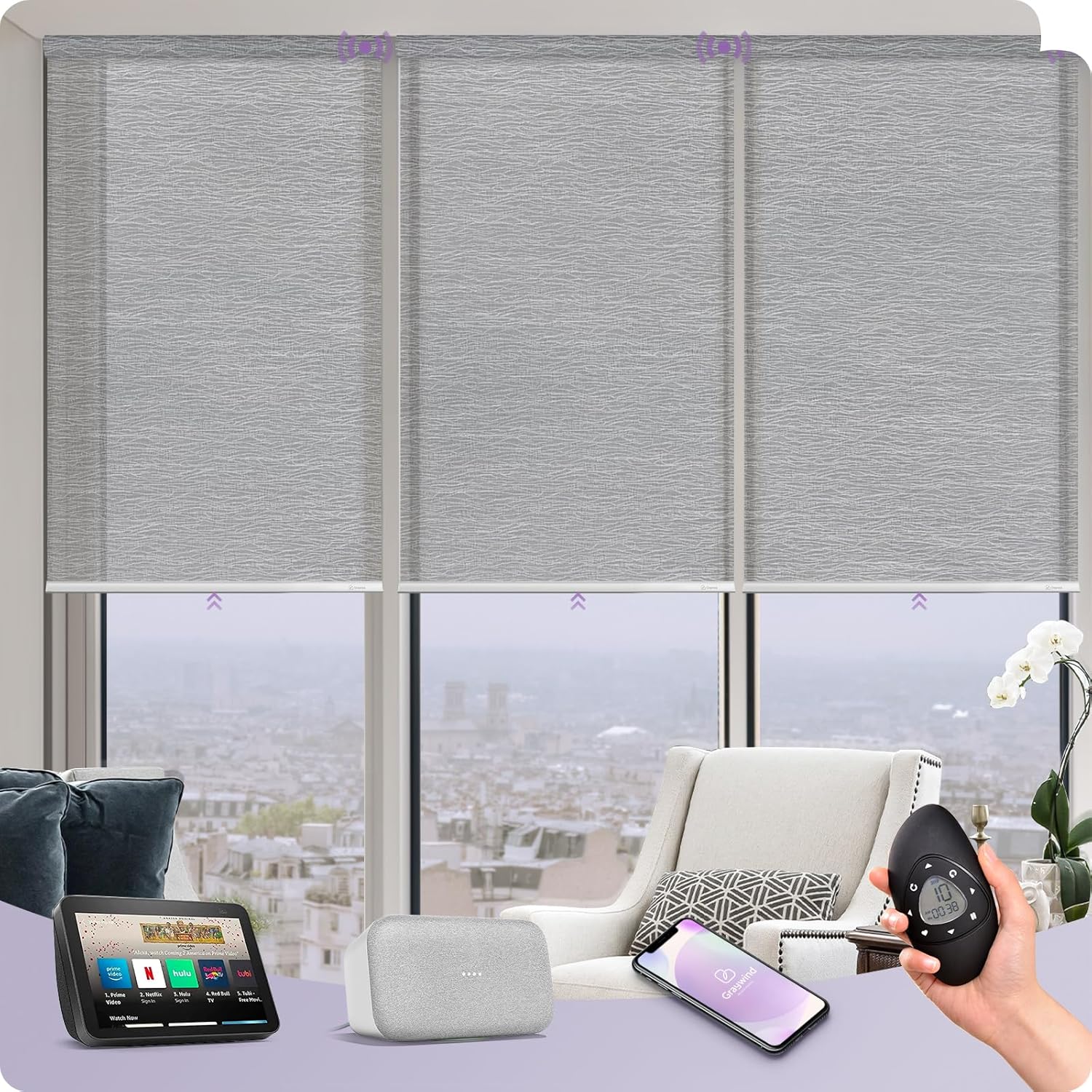 Graywind Motorized Light Filtering Shades Compatible with Alexa Google Rechargeable Remote Control Smart Blinds Automatic Window Shade with Valance for Home Office, Custom Size (Mixwave Grey)