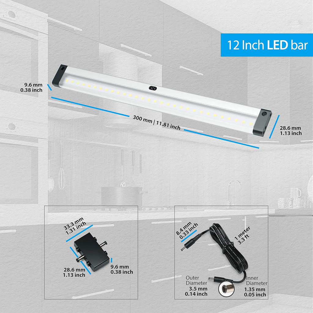 EShine 12 inch LED Dimmable Under Cabinet Lighting Strip with Hand Wave Motion Sensor, Black, with Accessories (No Power Supply Included), Warm White (3000K)