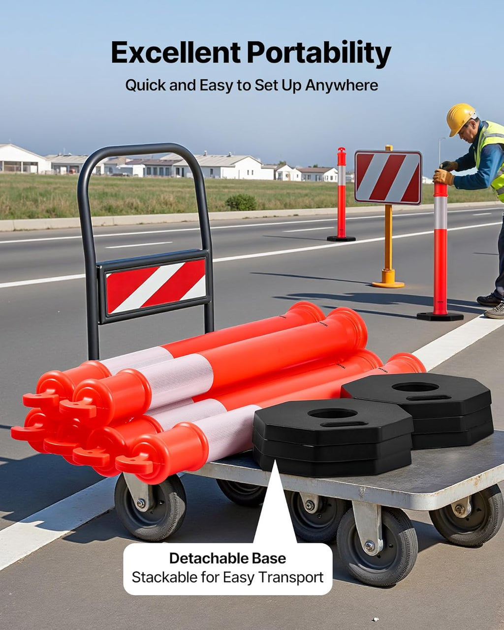 VEVOR 9 Pack Traffic Delineator Posts, 48 inches Traffic Safety Cones with Weighted Base and Reflective Strips, Heavy Duty Delineator Posts for Construction Site, Parking Lot, Crowd Control, Red