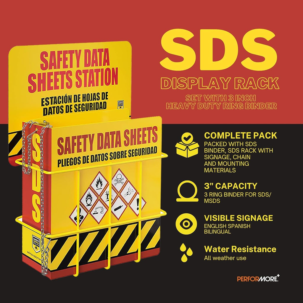 SDS Display Kit Rack Set with Heavy Duty 3 Inch Ring Binder, Wire Rack, SDS Station Sign, Chain, Mounting Hardware & SDS Poster - Organize Safely and Efficiently