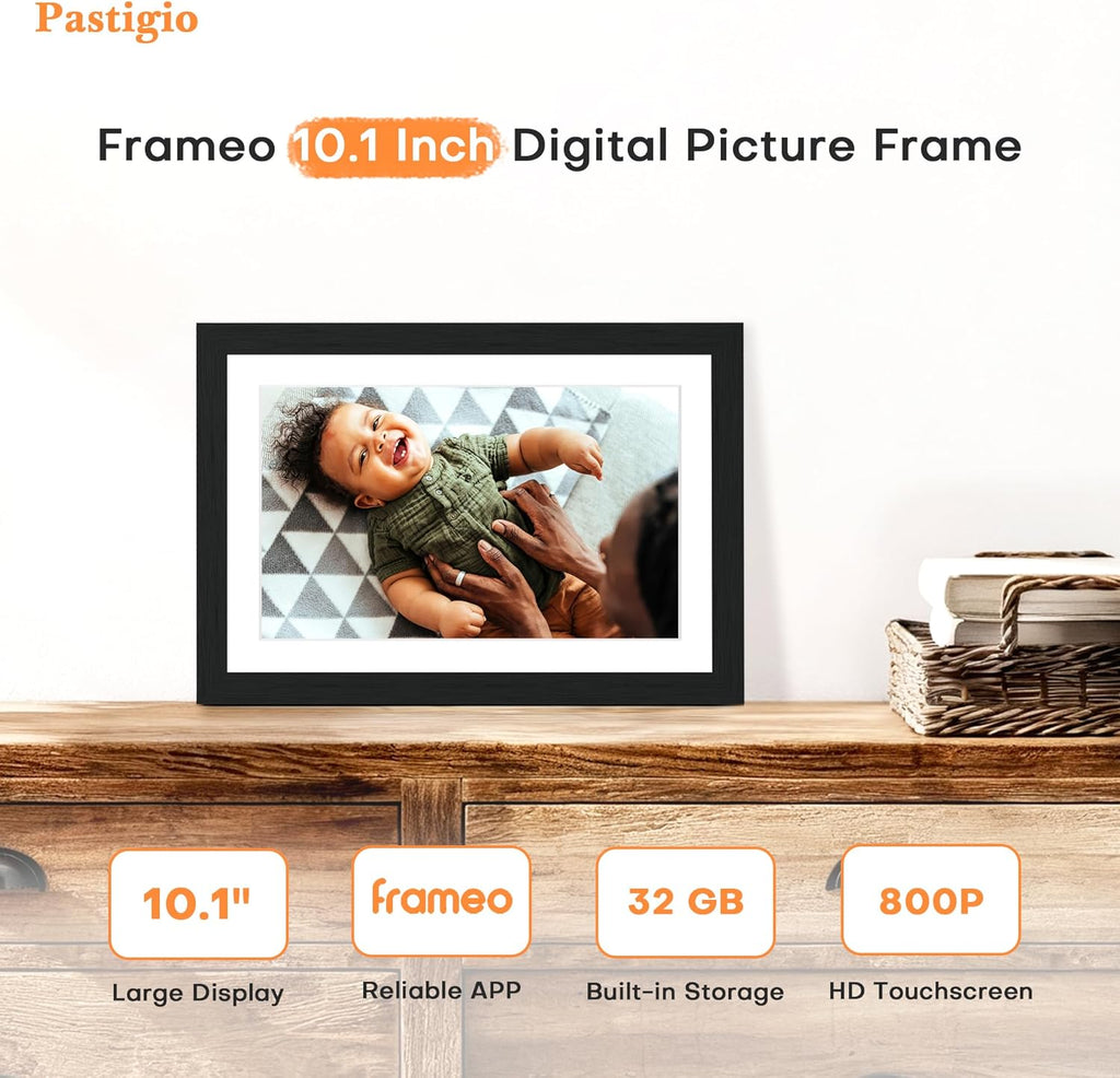 Digital Picture Frame, Frameo Digital Photo Frame WiFi, 10.1 Inch Electric Frame 1280 * 800IPS Touch Screen, 32GB Memory, Auto-Rotate, Share Videos Pictures, Gifts for Women, for Mom, Black Wooden