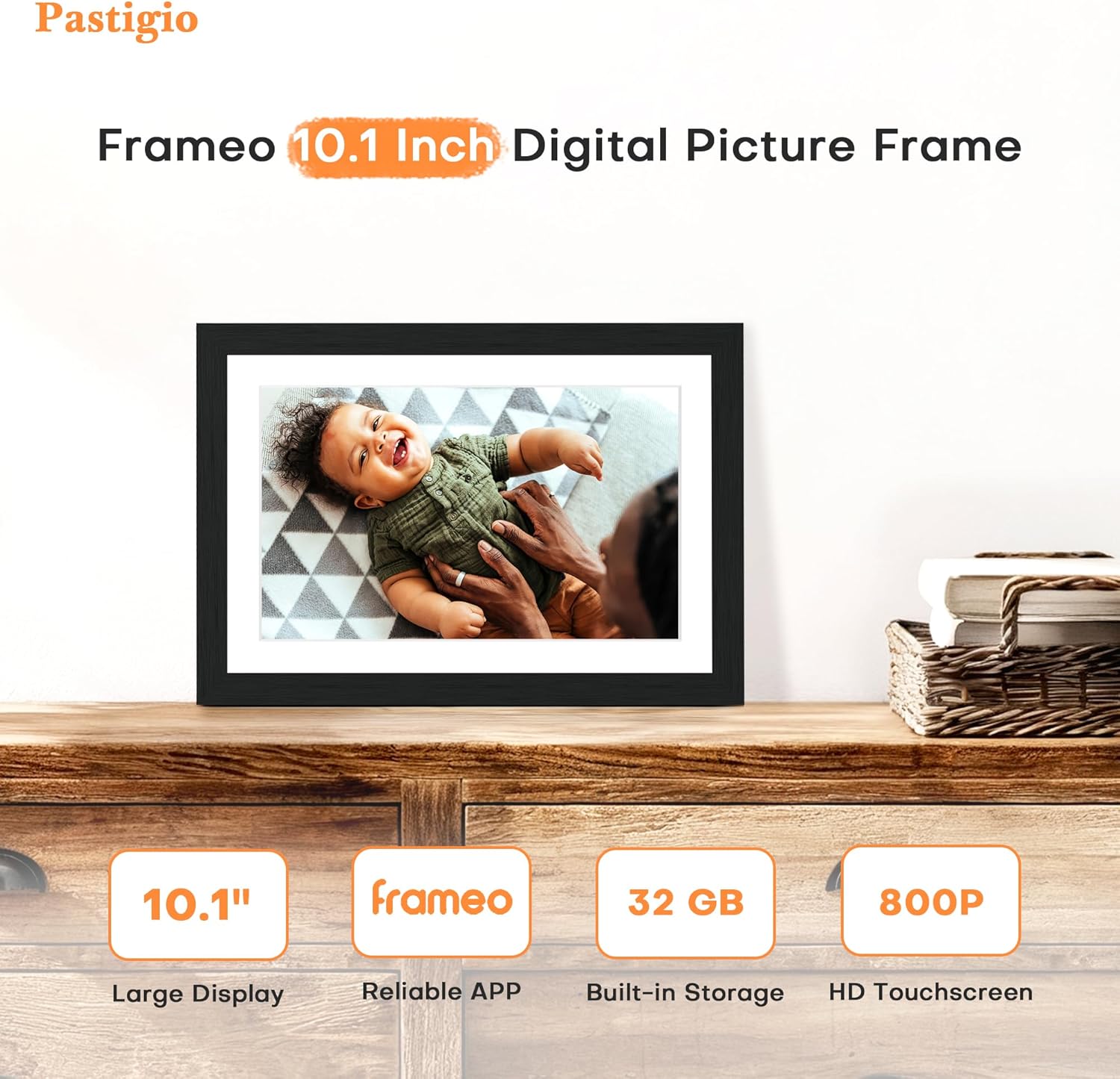 Digital Picture Frame, Frameo Digital Photo Frame WiFi, 10.1 Inch Electric Frame 1280 * 800IPS Touch Screen, 32GB Memory, Auto-Rotate, Share Videos Pictures, Gifts for Women, for Mom, Black Wooden