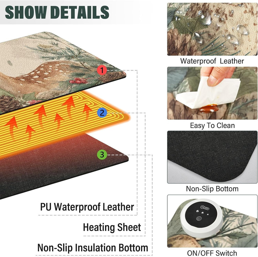 Heated Desk Pad Mouse Pad 31.5x13 Inch PU Leather Desk Mat with 3 Heat Levels Large Mouse Gaming Computer Laptop Mat Beige Christmas Owl Deer Pinecorns
