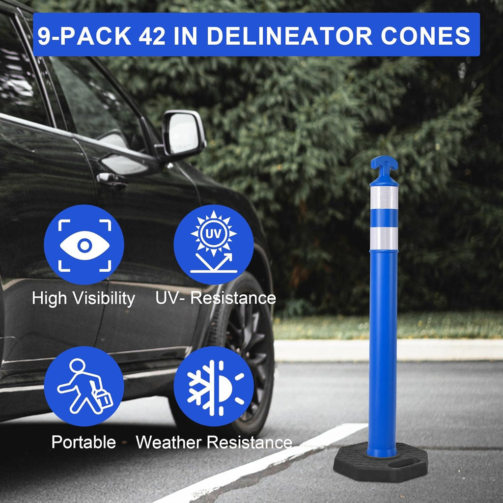 OrangeStar 9-Pack 42" Traffic Delineator Post Cones with Heavy Duty Rubber Base, Blue Safety Cones for Road, Parking Lot, Warehouse, Construction Zone Safety