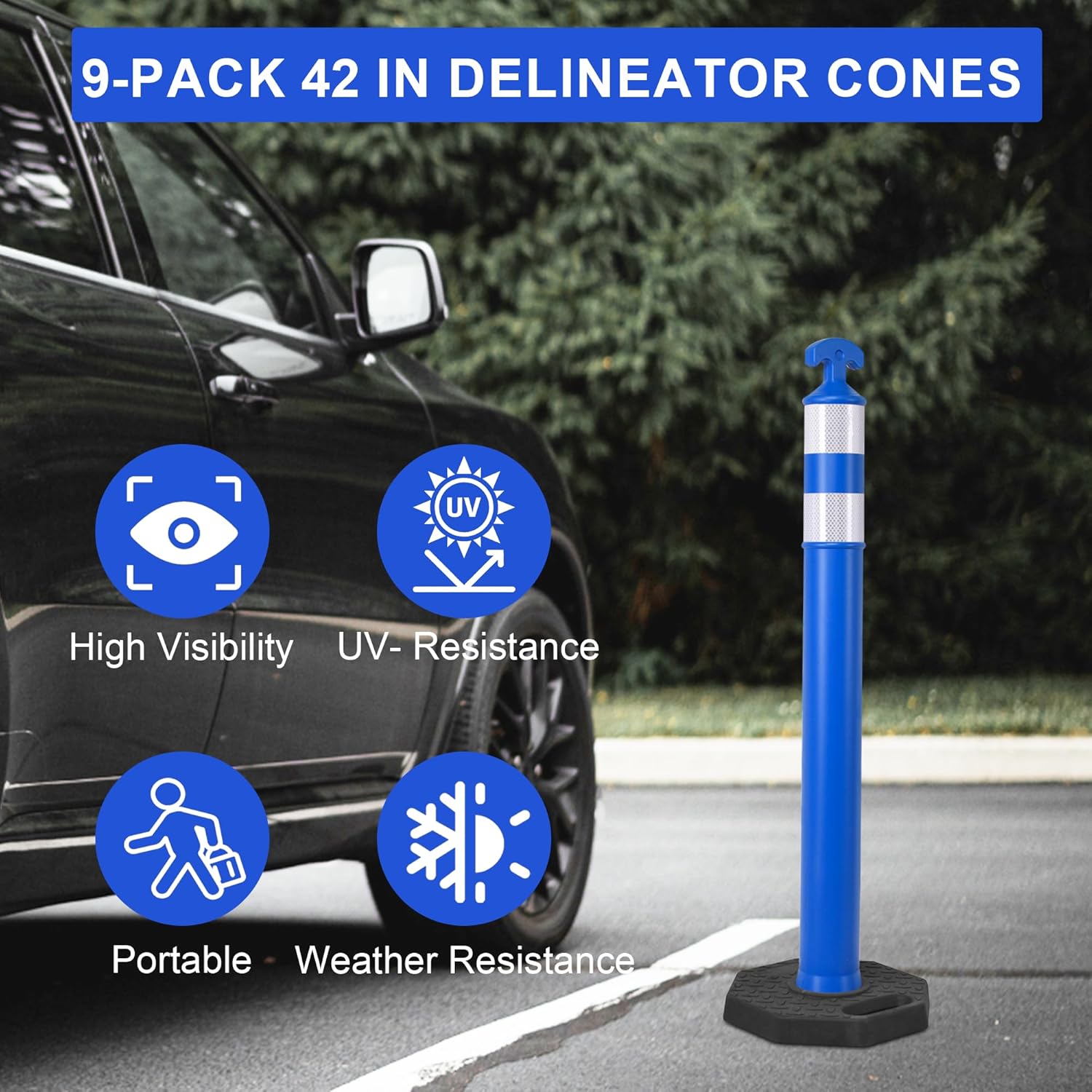 OrangeStar 9-Pack 42" Traffic Delineator Post Cones with Heavy Duty Rubber Base, Blue Safety Cones for Road, Parking Lot, Warehouse, Construction Zone Safety
