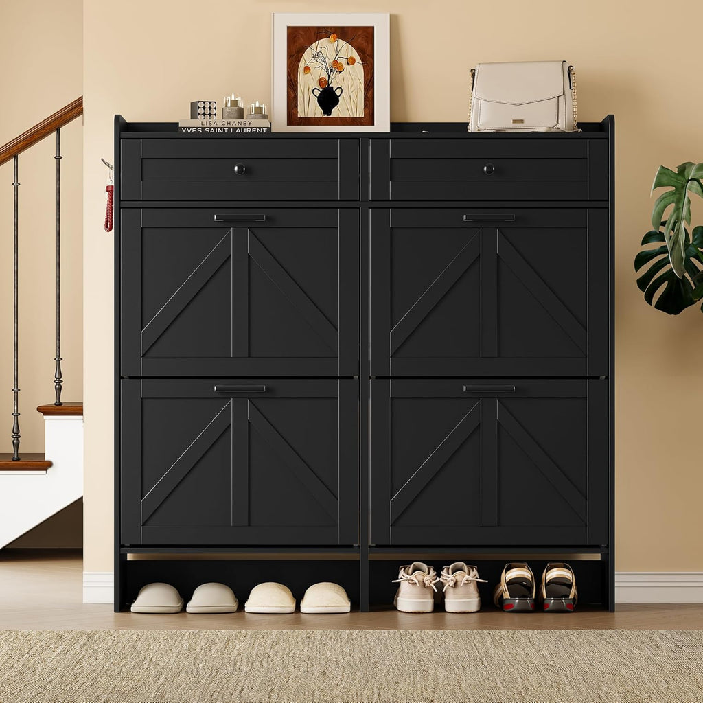 Shoe Storage Cabinet for Entryway, Farmhouse Wide Shoe Cabinet with 4 Flip Drawers and 2 Top Drawers, Freestanding Organizer with Adjustable Shelves, Hooks, and Anti-Tip Kit for Hallway