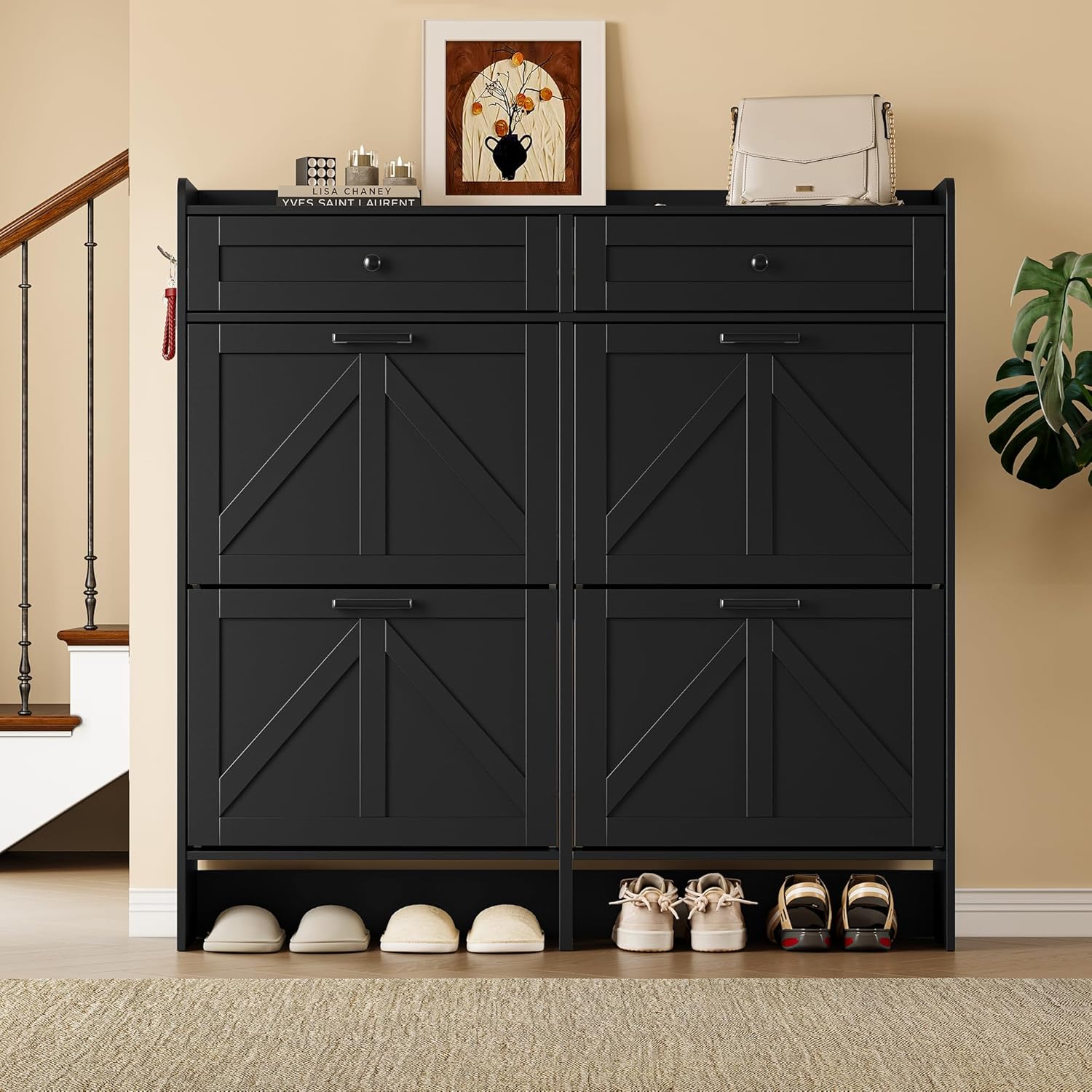 Shoe Storage Cabinet for Entryway, Farmhouse Wide Shoe Cabinet with 4 Flip Drawers and 2 Top Drawers, Freestanding Organizer with Adjustable Shelves, Hooks, and Anti-Tip Kit for Hallway