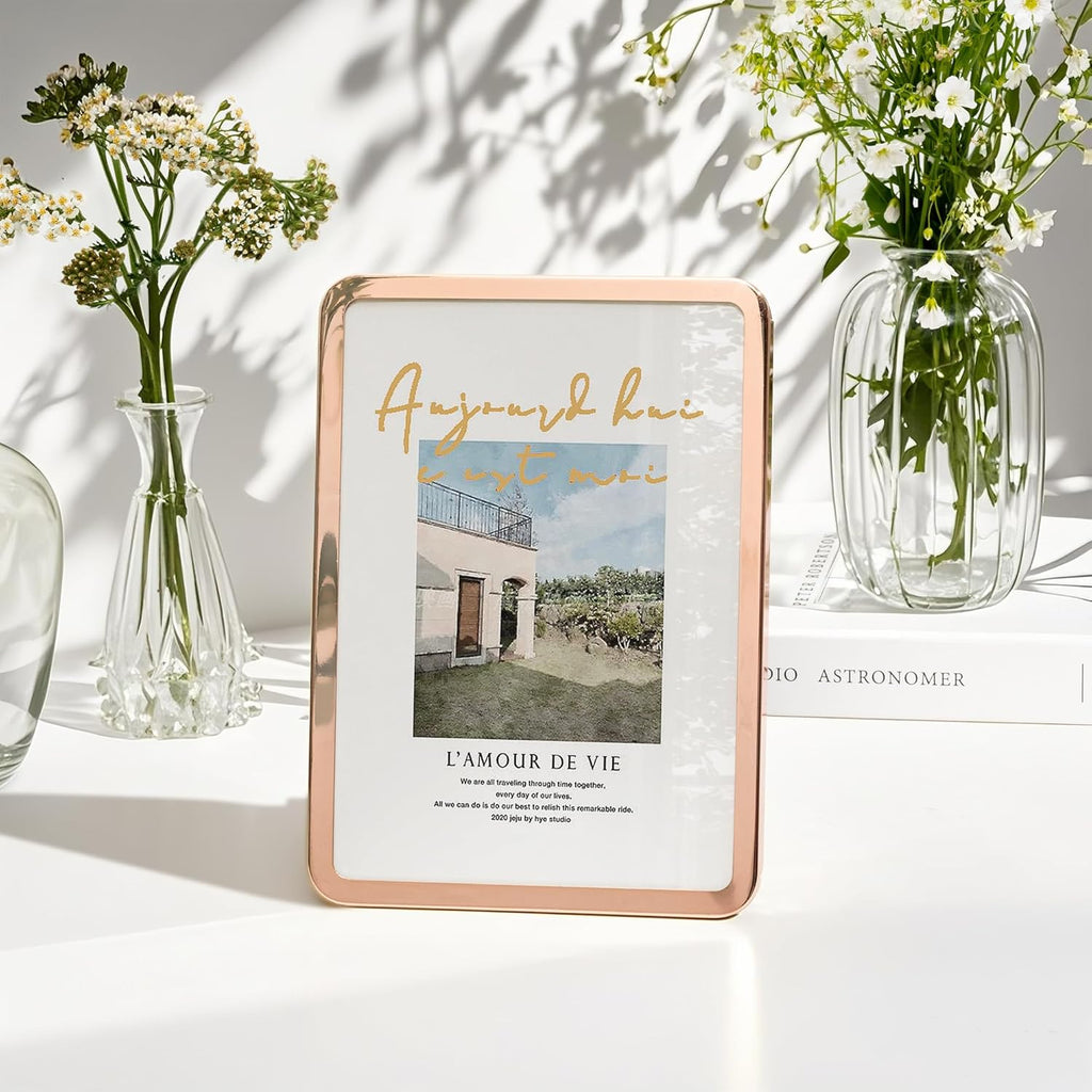 Axeman 5x7 Picture Frame-Metal Rounded Corner Frame 5x7, 5''x7''Photo Frame with Tempered Glass,Tabletop and Wall Display, One-Piece 5 By 7 Metal Picture Frame for images, Rose Gold