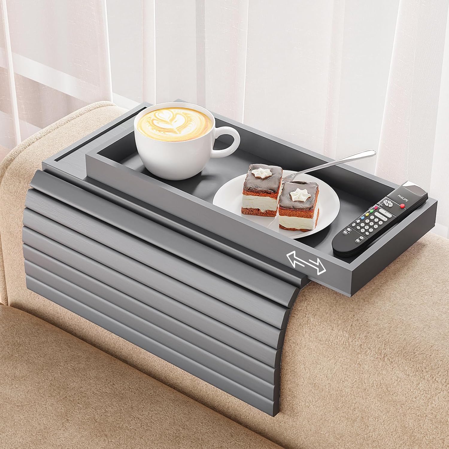 Bamboo Sofa Armrest Tray Table for Couch - 2-in-1 Foldable Couch Arm Table with Be Slide Detachable Tray- Anti-Slip Sofa Armchair Caddy for Drinks Cellphone TV Remote Snacks(Gray)