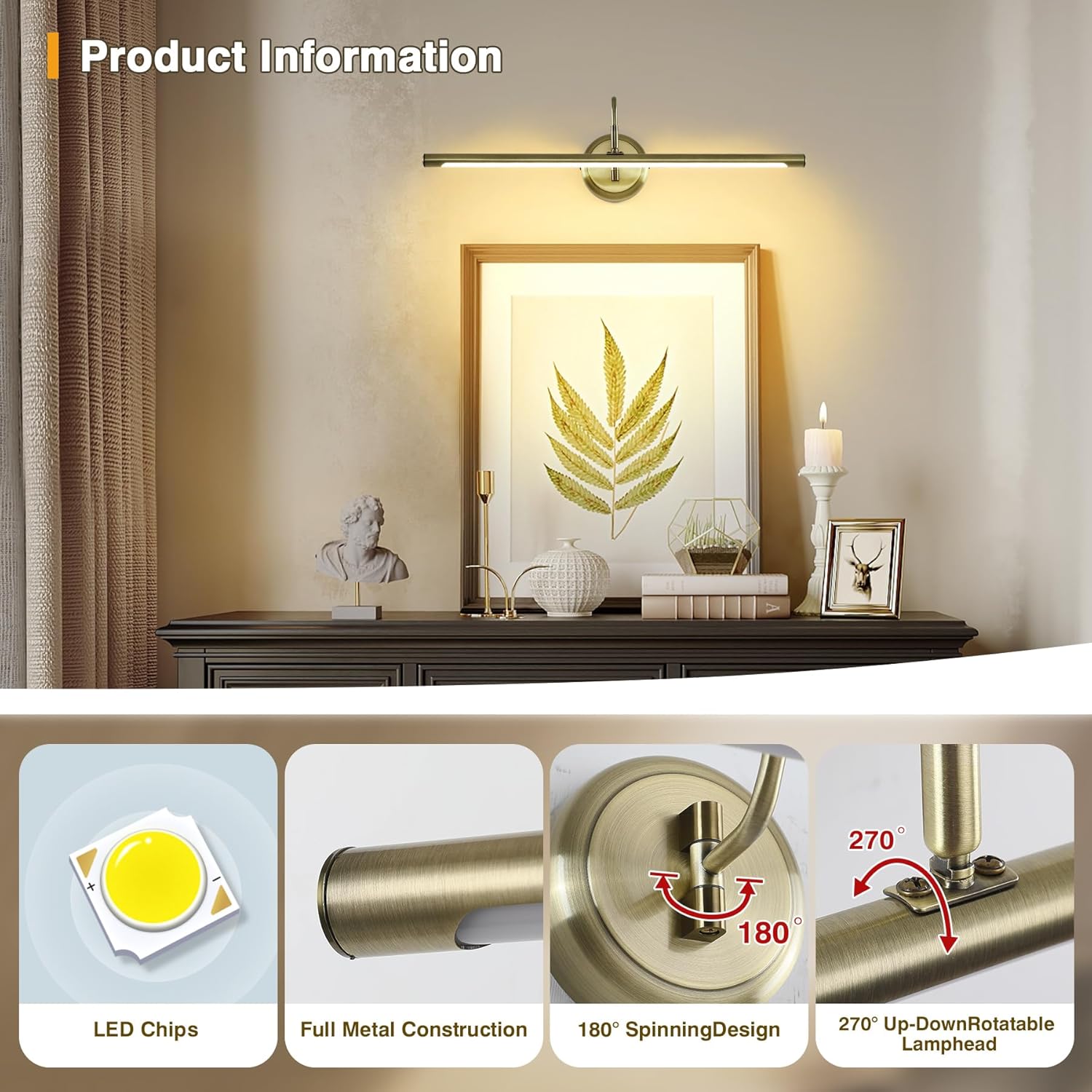 JOOSENLUX Modern LED Picture Lights Mini Accent Spotlights Brief Metal Artwork Display Lamp 24.4“ Inch14W(70W Eqv.),Natural White 3000K,Hardwired Swing Arm,Antique Bronze