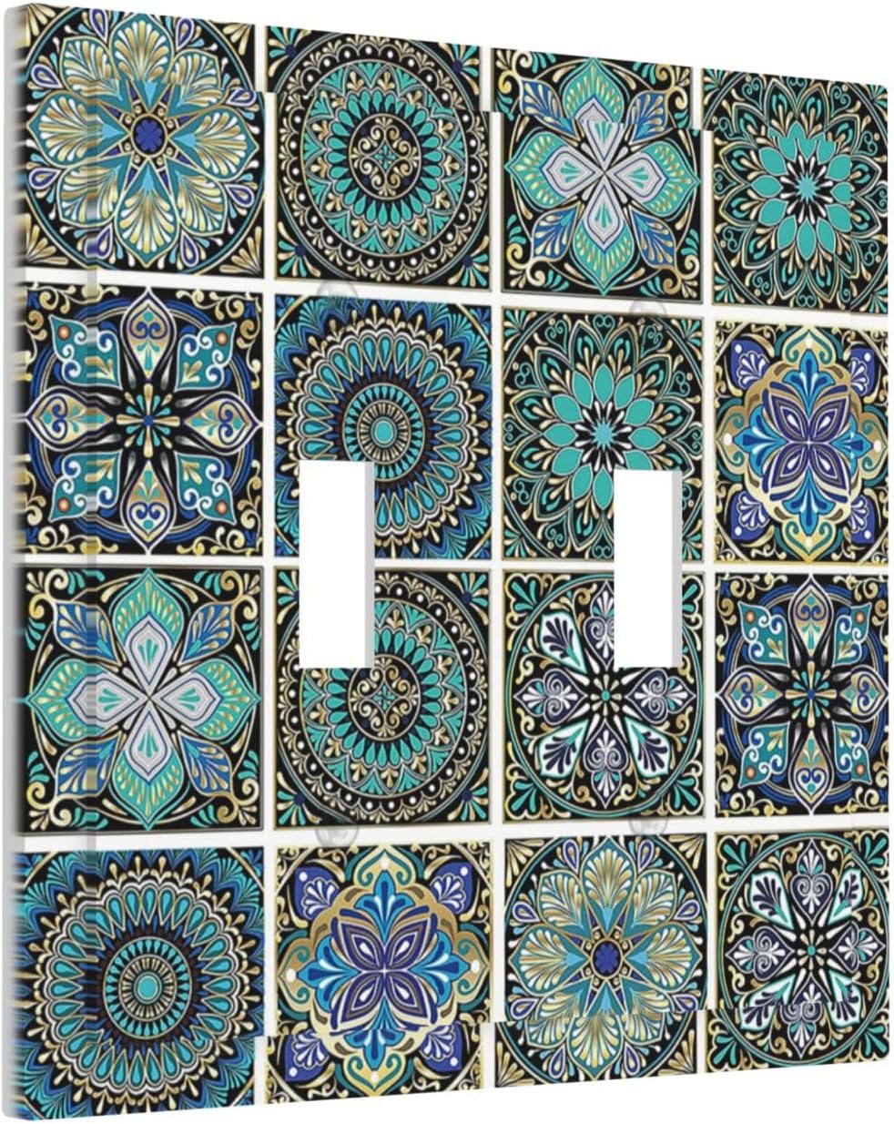 Decorative Switch Plates Mandala Decorative Rustic Vintage Turquoise Pattern 2 Gang Double Toggle Outlet Light Switch Cover Wall Plate Electrical Faceplate for Bedroom Bathroom Decor