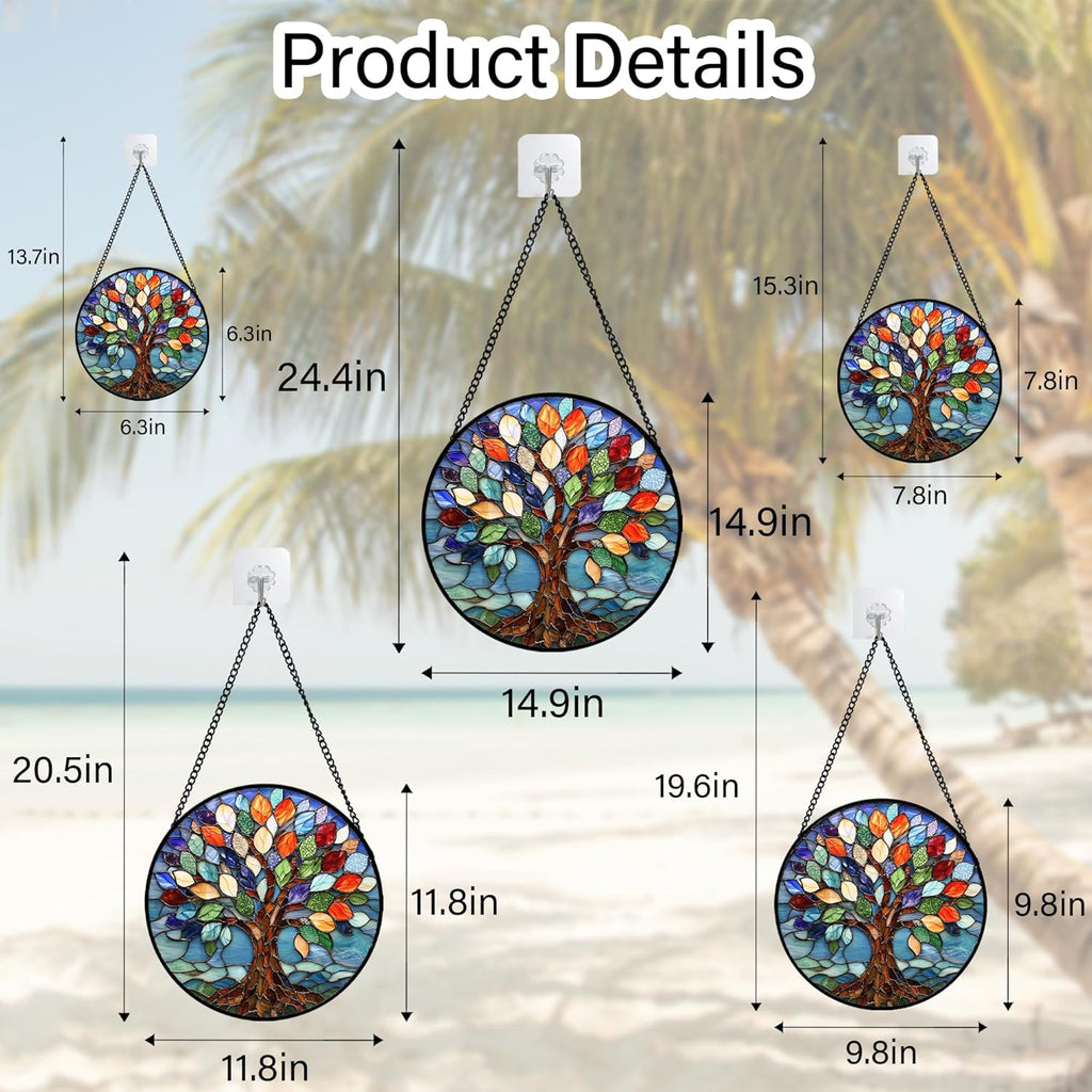 Stained Glass Window Hanging, Colorful Tree of Life Sun Catchers Glass Panel Blue Suncatcher Decor for Birthday for Women, Men, Wife, Aunt, and Mom 14.9x14.9 in