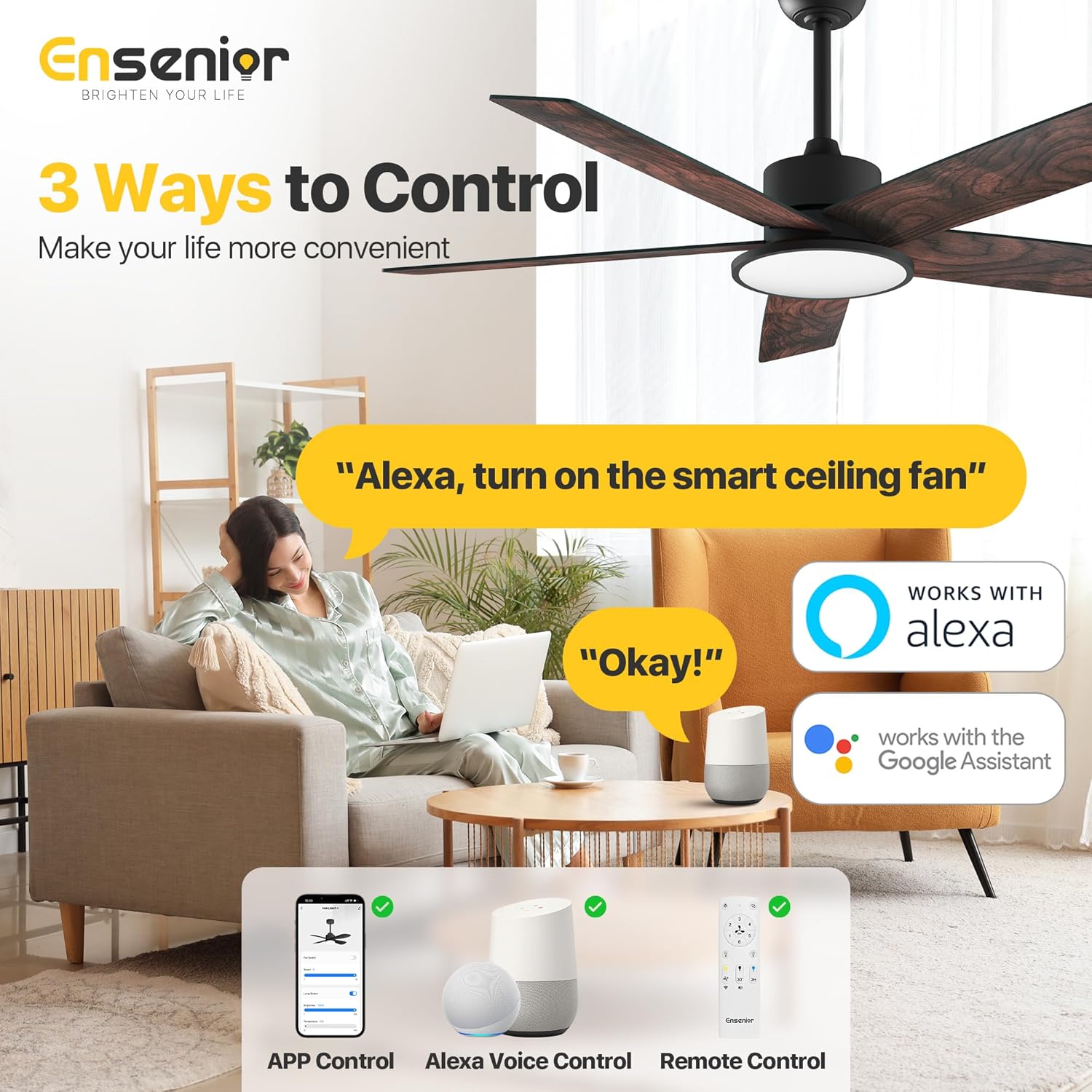 Ensenior 52 Inch Smart Ceiling Fans with Lights and Remote Control via Alexa Google Voice App, Reversible DC Motor 6 Speeds, 3000K-6000K Dimmable LED Black Bedroom Ceiling Fan with Lights - 5 Blades