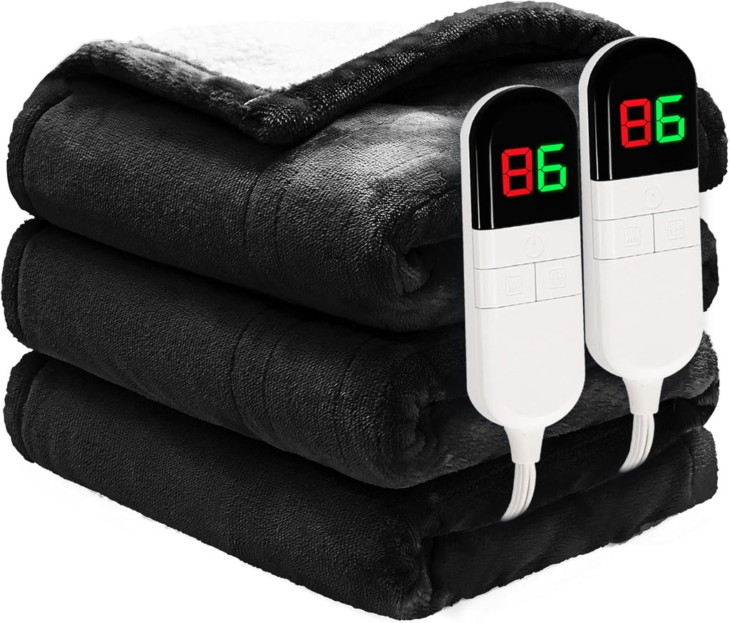 Premium Electric Blanket King 90"100" - Flannel Sherpa, 6 Heating Levels, Dual Control, Auto Shut Off, Machine Washable (Black)