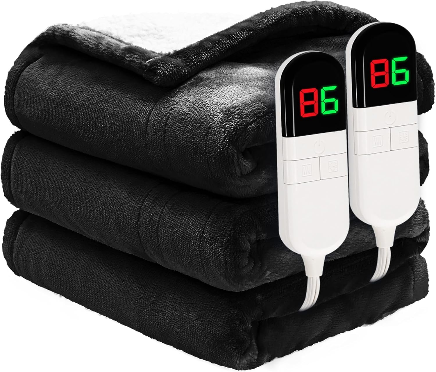 Premium Electric Blanket King 90"100" - Flannel Sherpa, 6 Heating Levels, Dual Control, Auto Shut Off, Machine Washable (Black)