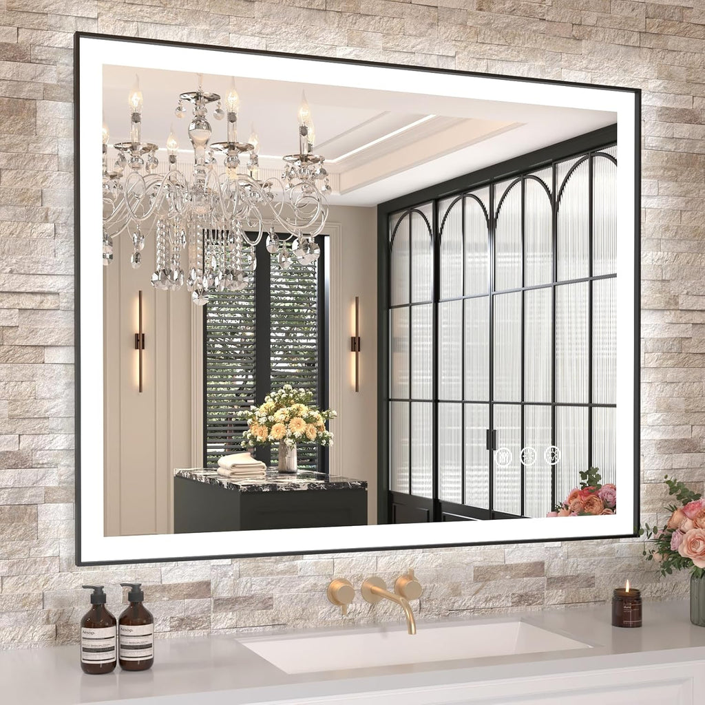 Amorho LED Bathroom Mirror, 40"x 32" Front Light and Backlit(Controlled Separately), Black Frame, Stepless Dimmable, Anti-Fog, Shatter-Proof, 3 Colors, Memory