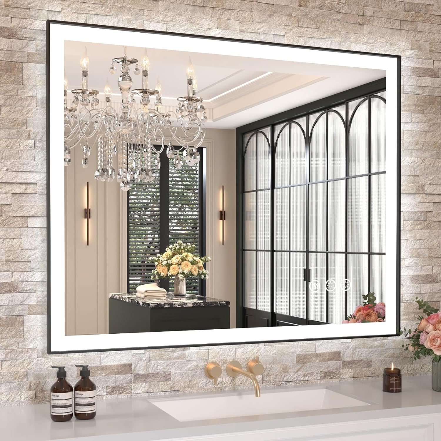 Amorho LED Bathroom Mirror, 40"x 32" Front Light and Backlit(Controlled Separately), Black Frame, Stepless Dimmable, Anti-Fog, Shatter-Proof, 3 Colors, Memory