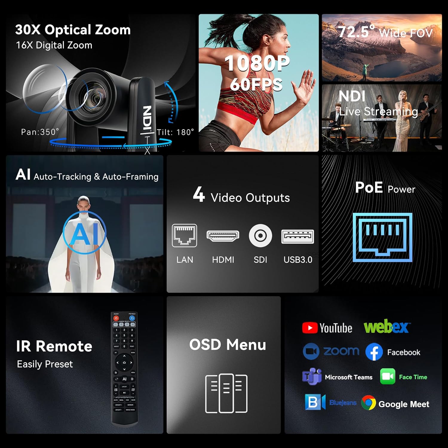 TONGVEO NDI AI Auto-Tracking IP PTZ Camera SDI/HDMI/USB3.0/LAN PoE 30X Optical + 16X Digital Zoom 1080P 60fps for Live Streaming Church Services Education Video Conference with OBS vMix and More